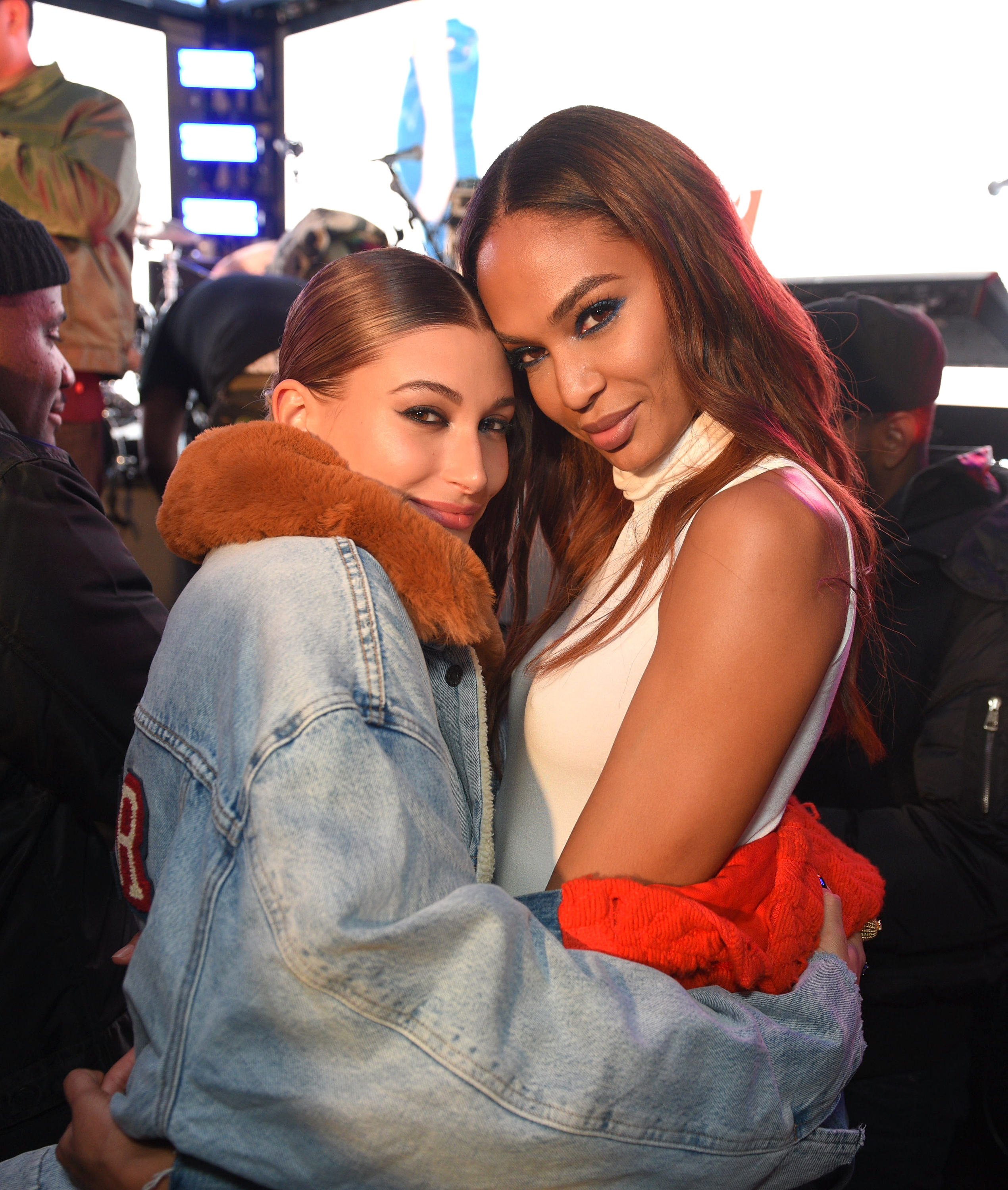 Hailey Baldwin and Joan Smalls attend the Levi's Times Square Store in New York, the model can be seen wearing the 'Bieber' jacket (Getty Images)