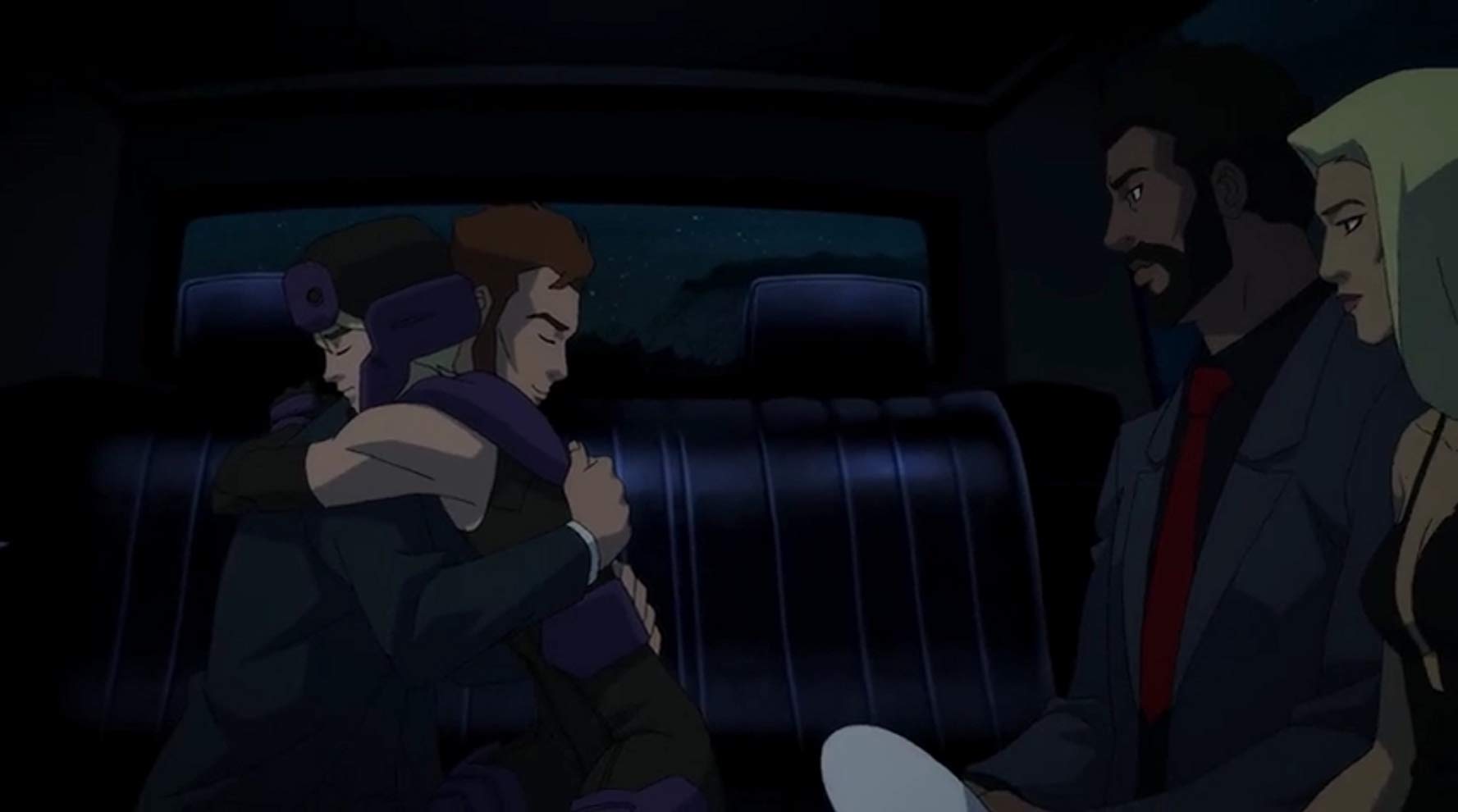 Brion and Terra share a long-awaited hug while Black Lightning and Huntress watch on, 'Young Justice: Outsiders'.
Source: IMDB