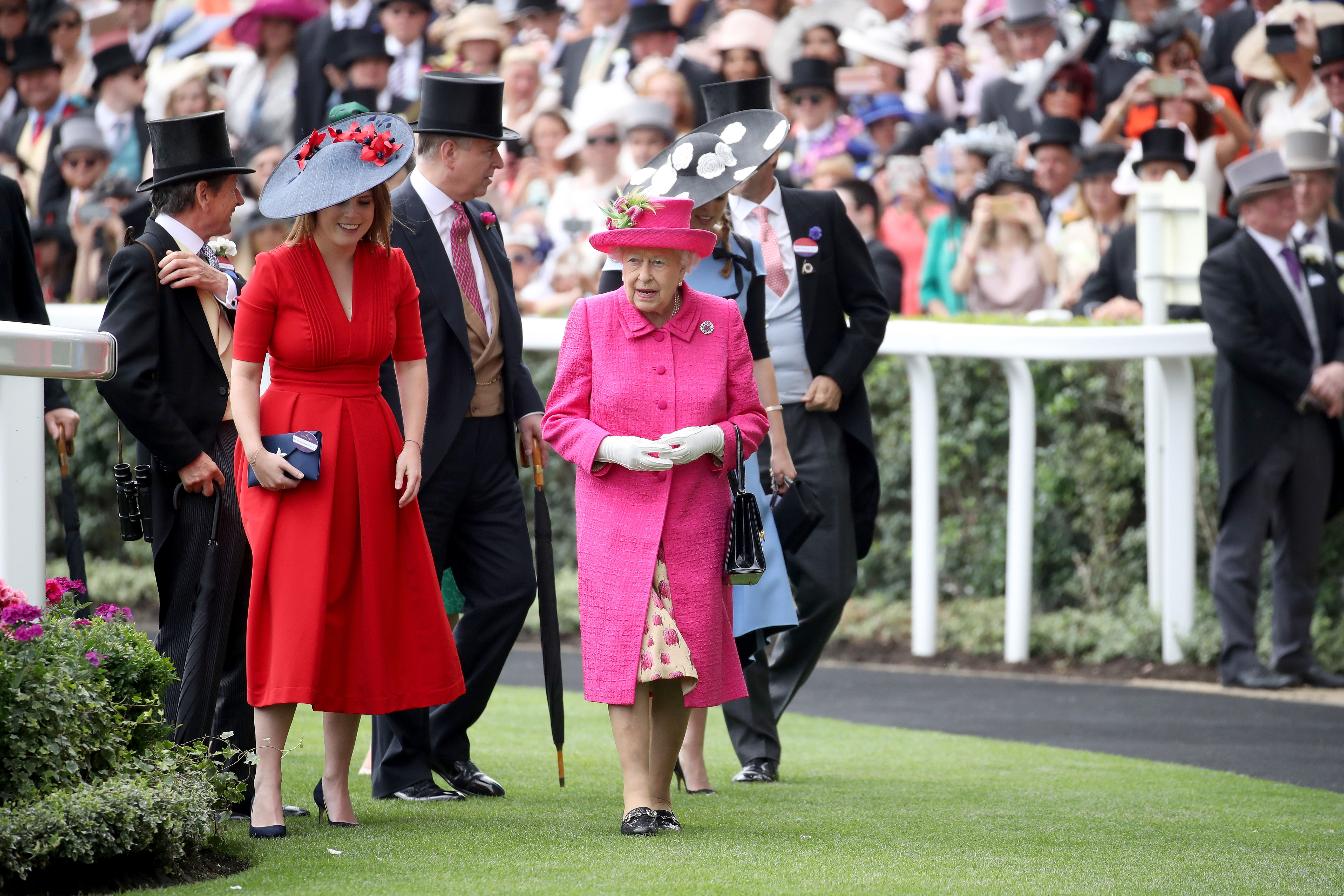 (L-R) John Warren, Princess Eugenie of York, Prince Andrew, Duke of York, Queen Elizabeth II and Princess Beatrice of York are seen in the Parade Ring as they attend Royal Ascot 2017 at Ascot Racecourse on June 22, 2017 in Ascot, England.