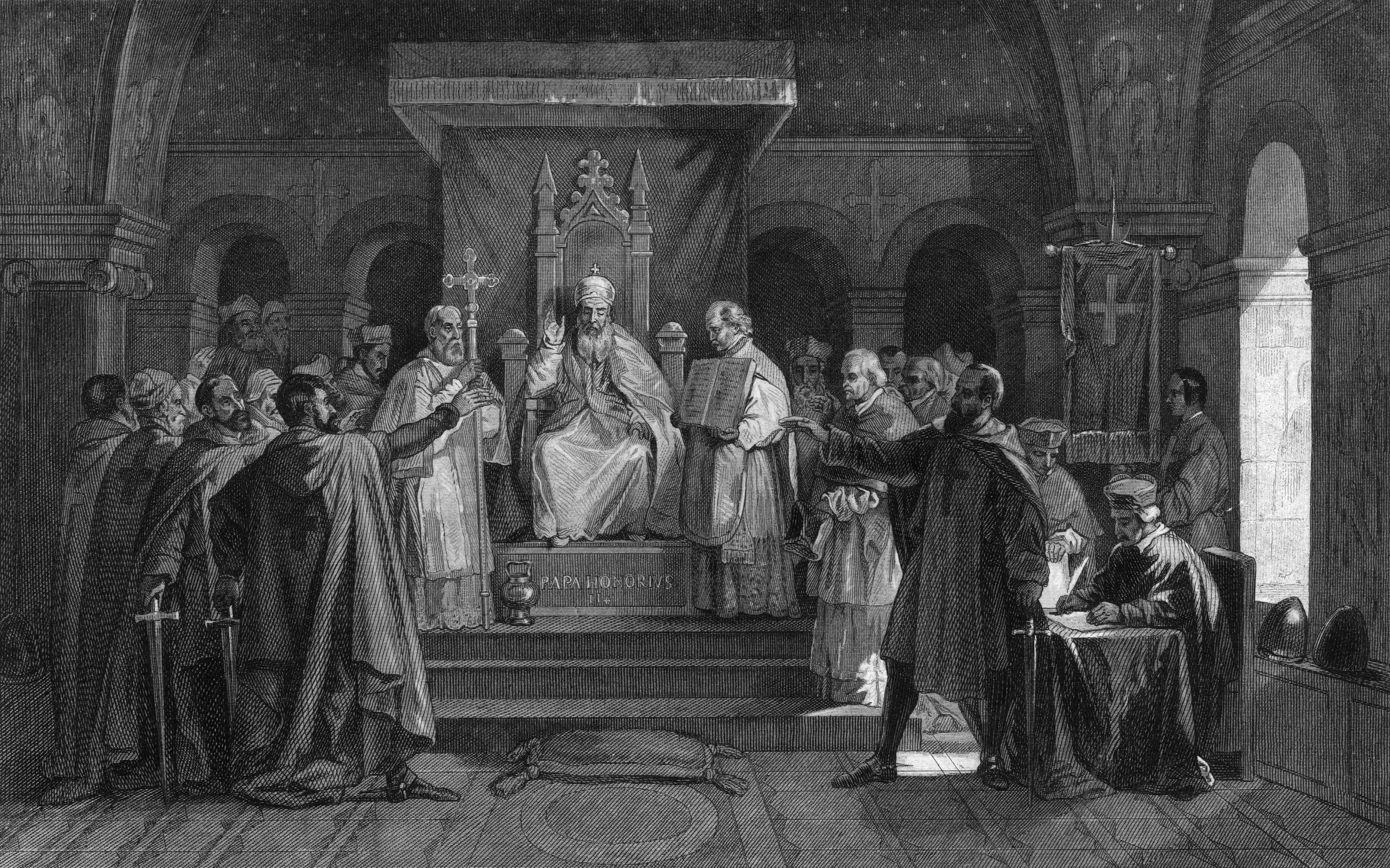 1128, A meeting of a branch of the Knights Templar. The order, founded in 1118, was originally formed to protect pilgrims on their journey to the Holy Land. The elderly man in the centre is the Grand Master. (Photo by Spencer Arnold Collection/Hulton Archive/Getty Images)