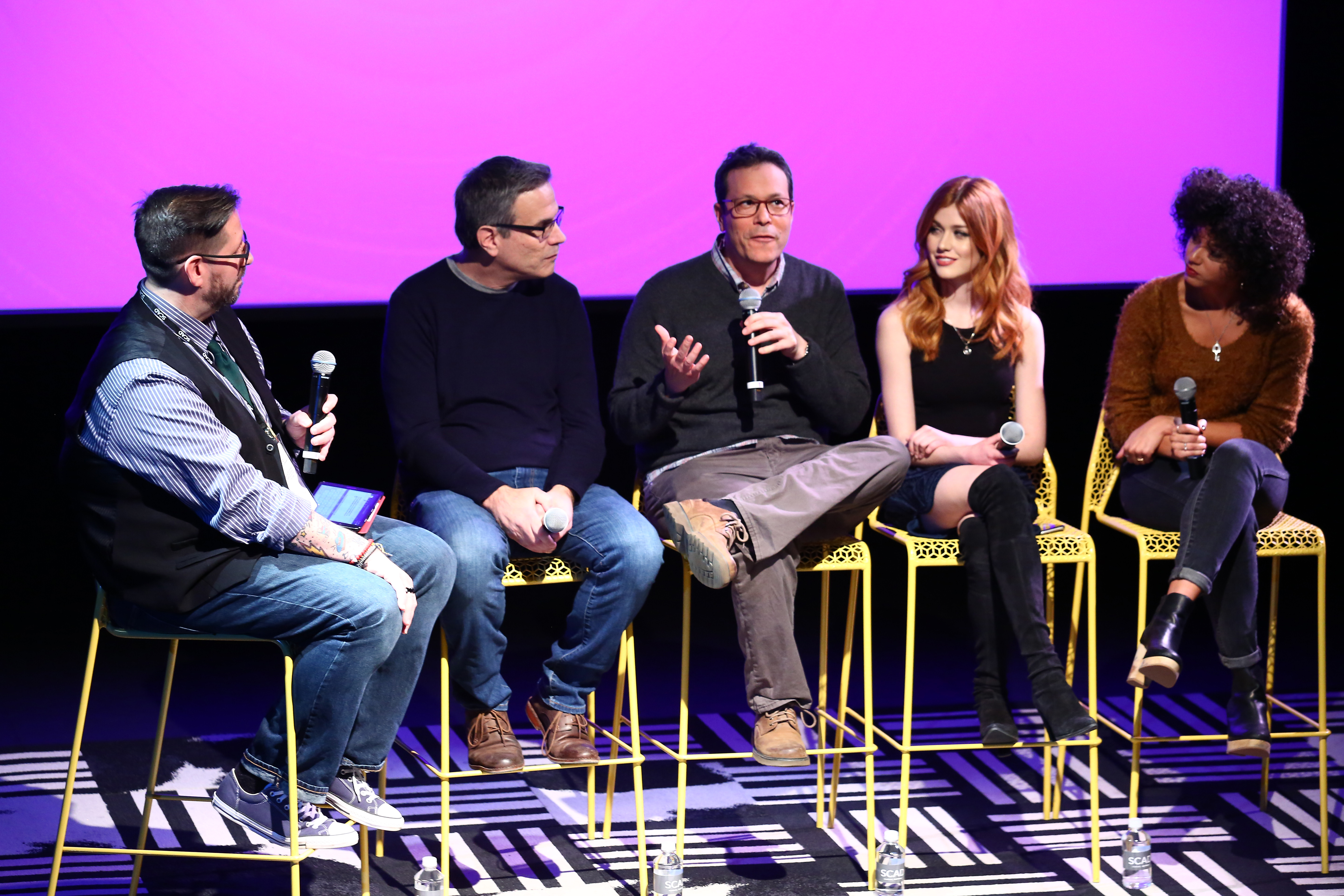 (L-R) Moderator Damian Holbrook, Executive producers Darren Swimmer and Todd Slavkin, and actresses Katherine McNamara and Alisha Wainwright speak on stage during Q&A session for 'Shadowhunters' on Day Three of aTVfest 2017 presented by SCAD at SCADshow Mainstage on February 4, 2017 in Atlanta, Georgia. (Photo by Astrid Stawiarz/Getty Images for SCAD)