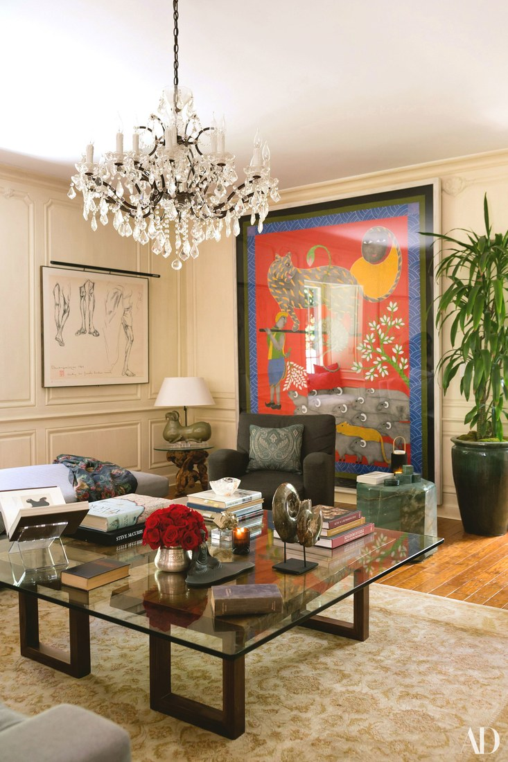 Two original sketches by Indian artist A. Ramachandran hang in the living room. The "Study of Gandhi" series depicts the national hero’s hands and feet. “I love these,” says Kunal. “We spent a lot of time on the lighting—I didn’t know that was a thing! When you get nice art, you also have to light it correctly.” The gallery lighting with dimmers is a favorite splurge. “You know you’ve made a good purchase when you can continually look at the painting in a new way every time, and I owe that all to Neha,” he says.