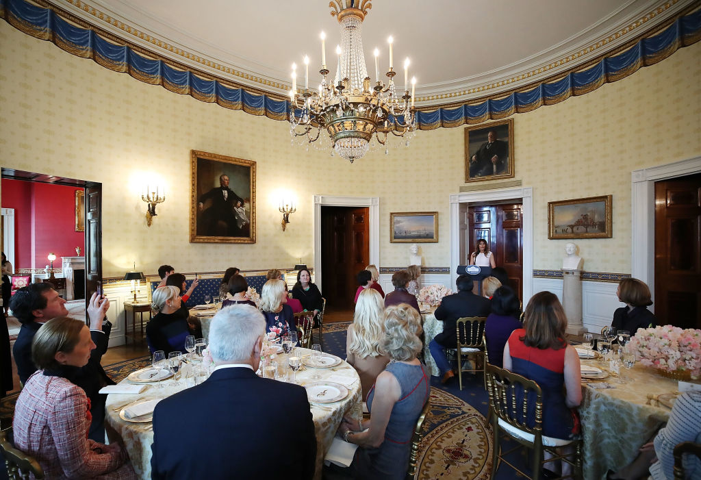 WASHINGTON, DC - FEBRUARY 26: First Lady Melania Trump speaks at a luncheon for governors spouses in the Blue Room at the White House, on February 26, 2018 in Washington, DC. The nation's governors are in town for their annual meeting with the President. (Photo by Mark Wilson/Getty Images)