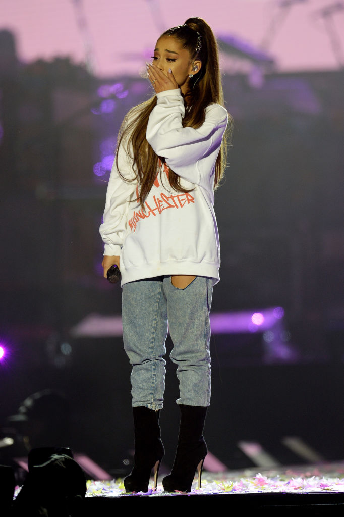Ariana Grande cries as she performs during the One Love Manchester benefit concert on June 4, 2017, in England. (Photo by Getty Images/Dave Hogan for One Love Manchester)