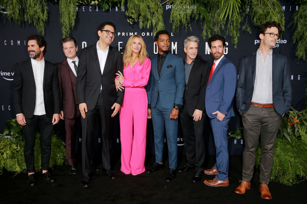 (L-R) Producer Chad Hamilton, actor Shea Whigham, director/executive producer Sam Esmail, actor Julia Roberts, actor Stephan James, actor Dermot Mulroney, co-creator/executive producer Eli Horowitz and co-creator/executive producer Micah Bloomberg attend the premiere of Amazon Studios' 'Homecoming' at Regency Bruin Theatre on October 24, 2018 in Los Angeles, California. (Photo by Rich Fury/Getty Images)