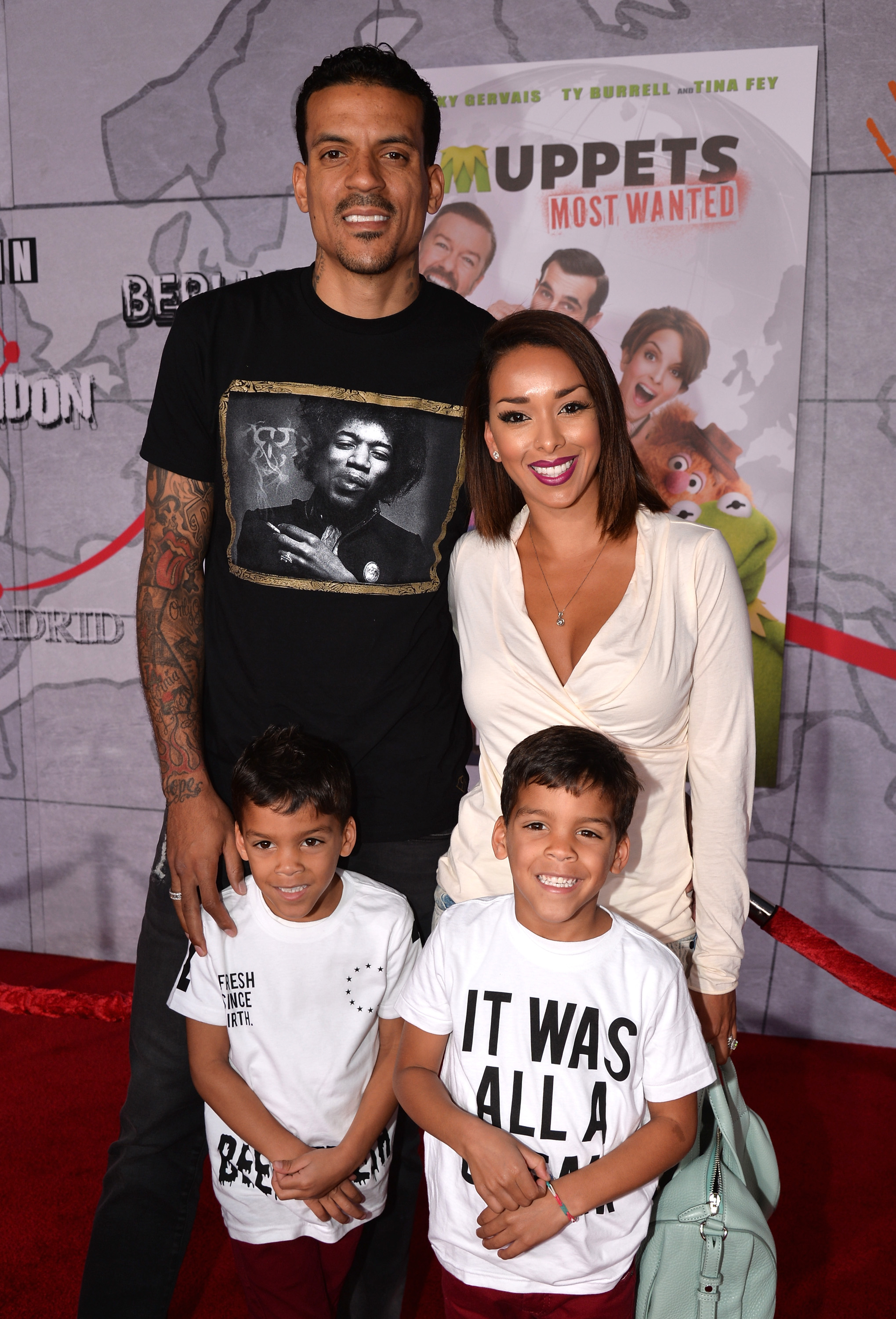 (L-R Front to Back) Professional basketball player Matt Barnes, Gloria Govan Barnes, Carter and Isaiah Barnes arrive for the premiere of Disney's 'Muppets Most Wanted' at the El Capitan Theatre on March 11, 2014 in Hollywood, California.