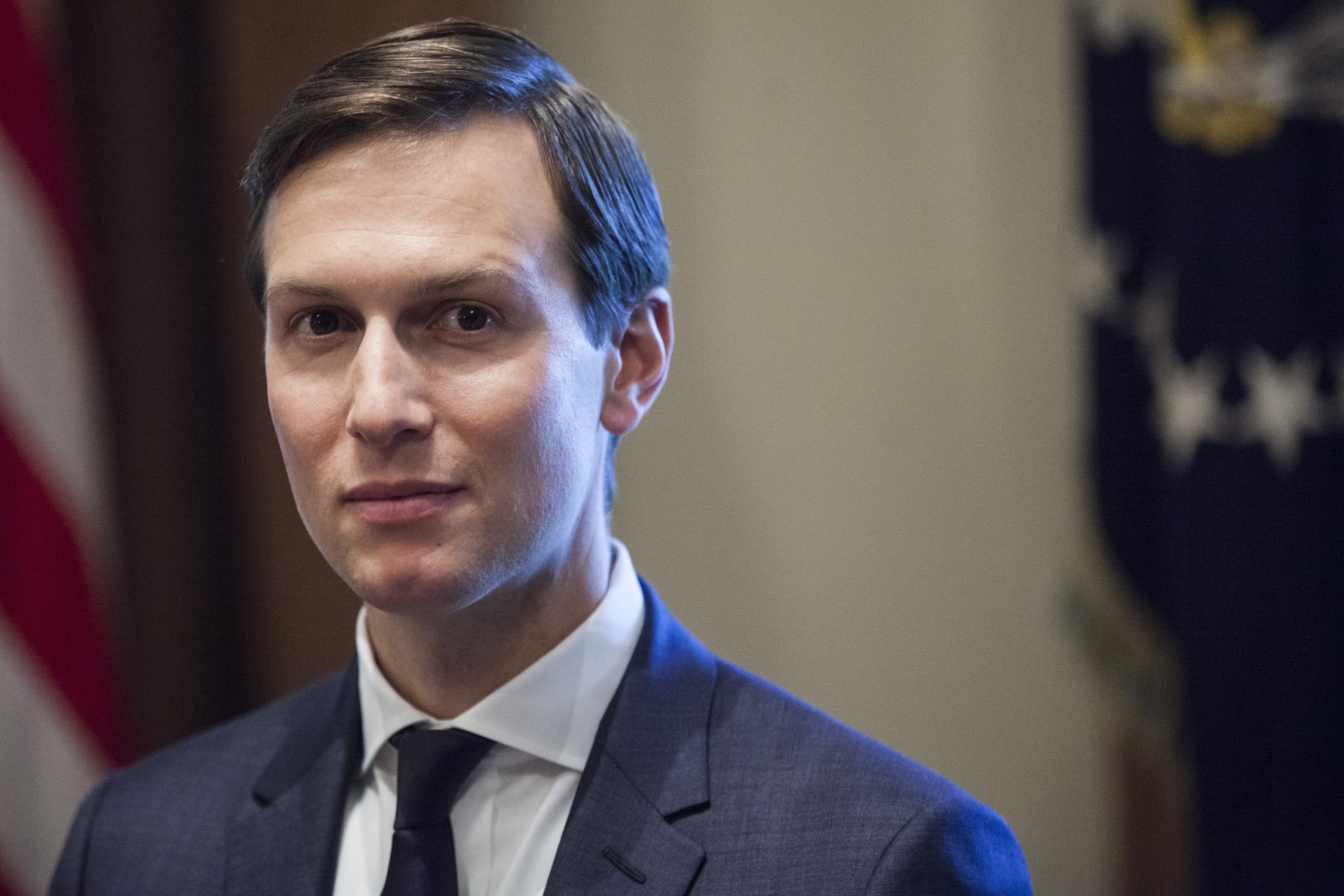 (AFP OUT) White House Senior Advisor Jared Kushner listens as U.S. President Donald Trump holds a bi-lateral meeting with Saad Hariri, Prime Minister of Lebanon, in the Oval Office at the White House on July 25, 2017 in Washington, DC.