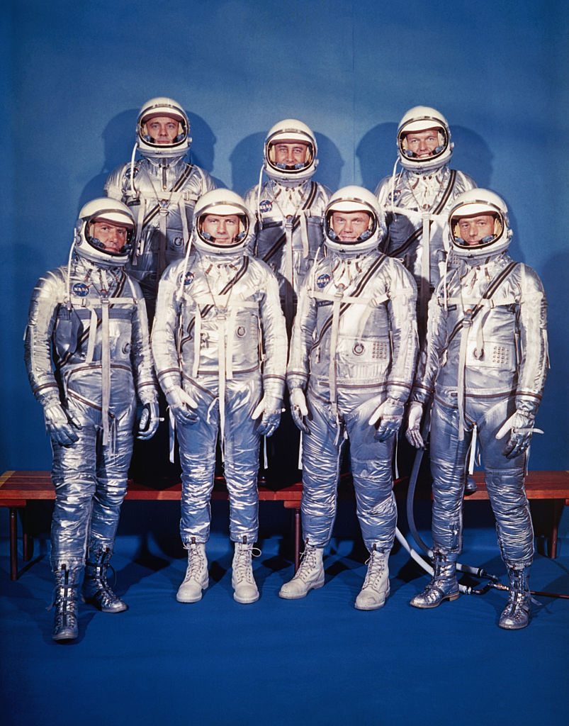 The original seven Project Mercury astronauts: front row, left to right, are Walter M. Schirra, Jr., Donald 'Deke' K. Slayton, John Glenn Jr., and M. Scott Carpenter. Back row, left to right, are Alan Shepard Jr., Virgil I. 'Gus' Grissom, and Gordon Copper. (Photo by NASA/Roger Ressmeyer/Corbis/VCG via Getty Images)
