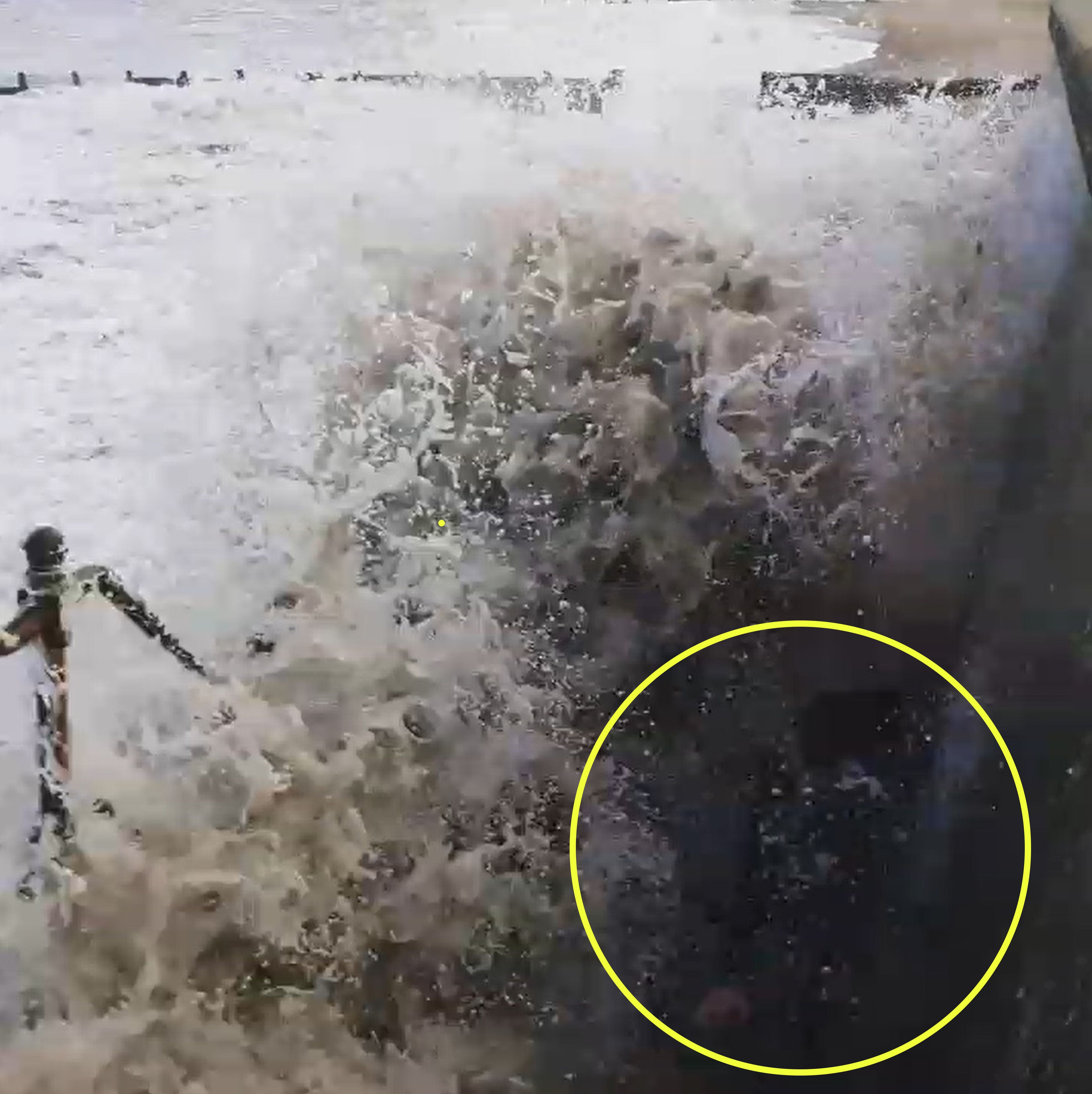 Cory misjudges the speed of the powerful wave and gets caught by it as he frantically tries to run up the steps (Kennedy News and Media)