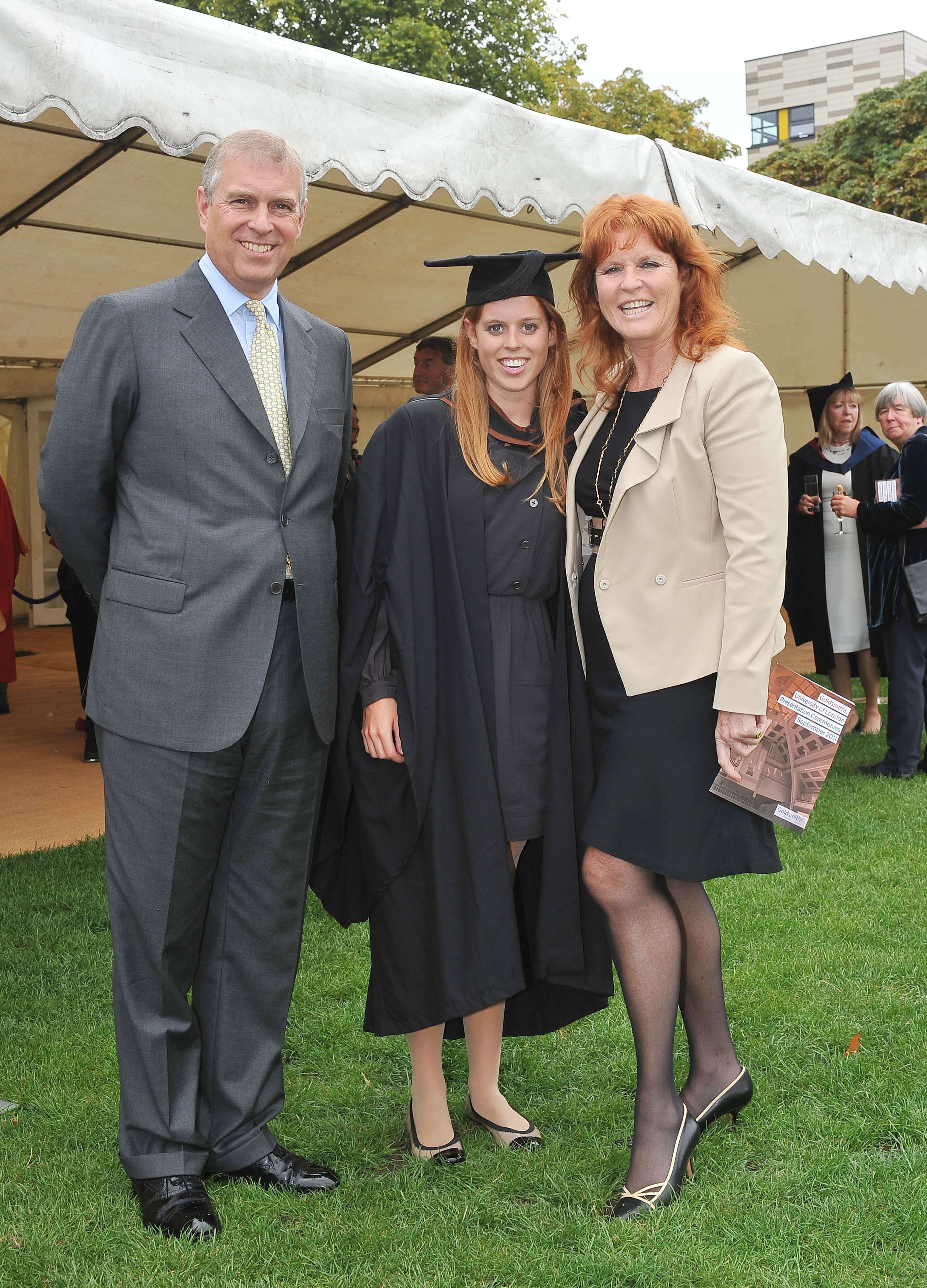 Prince Andrew, The Duke York (L), Sarah, Duchess of York (R) and their daughter, Princess Beatrice, following her graduation ceremony at Goldsmiths College on September 9, 2011 in London, United Kingdom