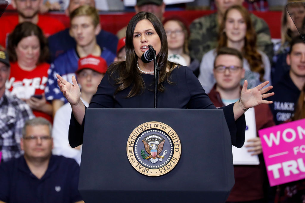 White House Press Secretary Sarah Huckabee Sanders speaks during a campaign rally for Republican Senate candidate Mike Braun and attended by President Donald Trump at the County War Memorial Coliseum November 5, 2018, in Fort Wayne, Indiana. (Photo by Aaron P. Bernstein/Getty Images)