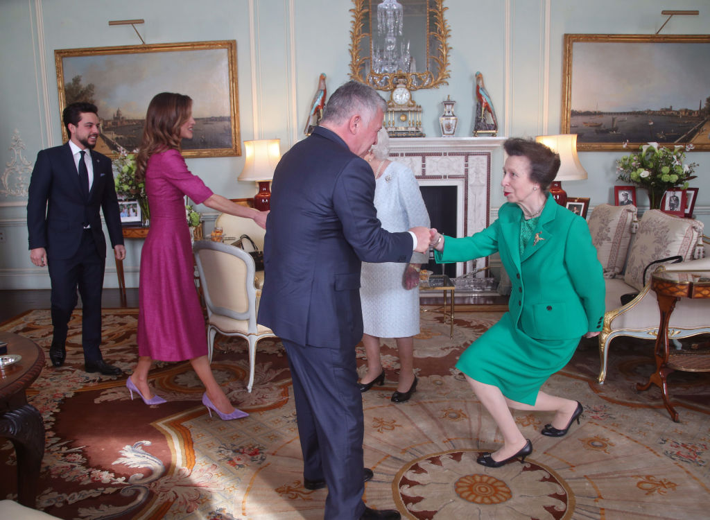 Princess Anne, Princess Royal greets King Abdullah II of Jordan, whilst Queen Elizabeth II greets Queen Rania of Jordan, as Crown Prince Hussein of Jordan looks on at Buckingham Palace on February 28, 2019 in London, England. (Photo by Yui Mok - WPA Pool/Getty Images)