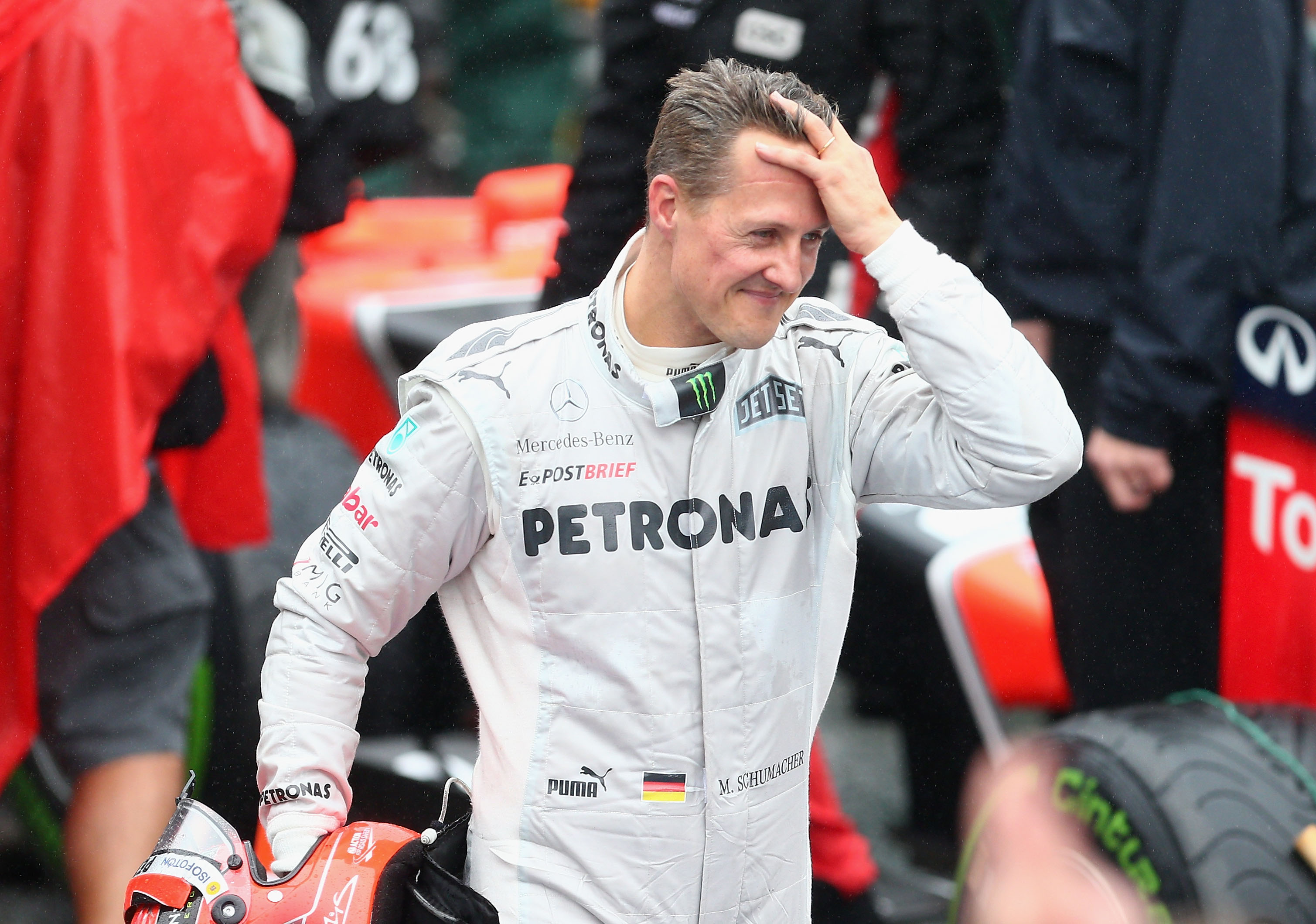 Michael Schumacher of Germany and Mercedes GP reacts in parc ferme after finishing his last F1 race following the Brazilian Formula One Grand Prix at the Autodromo Jose Carlos Pace on November 25, 2012, in Sao Paulo, Brazil (Source: Clive Mason/Getty Images)