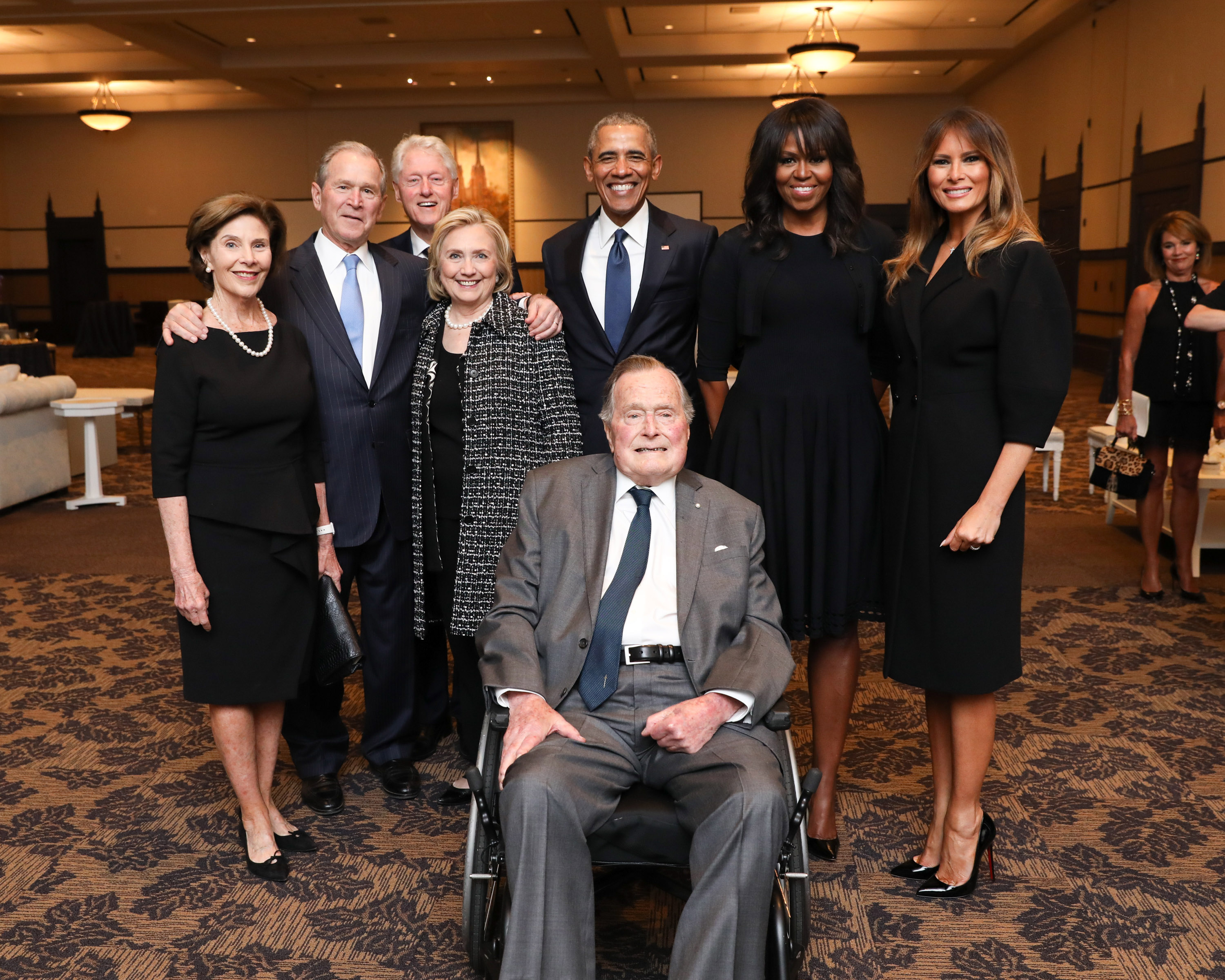 In this handout provided by Paul Morse/George W. Bush Presidential Center, (L-R) Former first lady Laura Bush, former President George W. Bush, former President Bill Clinton, former Secretary of State and first lady Hilary Clinton, former President Barack Obama, former President George H. W. Bush, former first lady Michelle Obama and current first lady Melania Trump pose for a group photo at the funeral ceremony for the late first lady Barbara Bush.