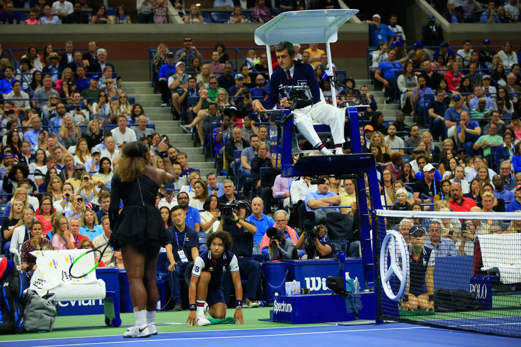 Serena Williams of the United States argues with umpire Carlos Ramos during her Women's Singles finals match against Naomi Osaka of Japan on Day Thirteen of the 2018 US Open. (Photo by Chris Trotman/Getty Images for USTA)