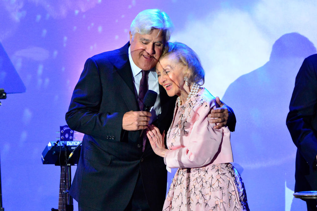 Jay Leno and Barbara Davis on stage at the 2018 Carousel Of Hope Ball at The Beverly Hilton Hotel on October 6, 2018 in Beverly Hills, California. (Photo by Jerod Harris/Getty Images,)
