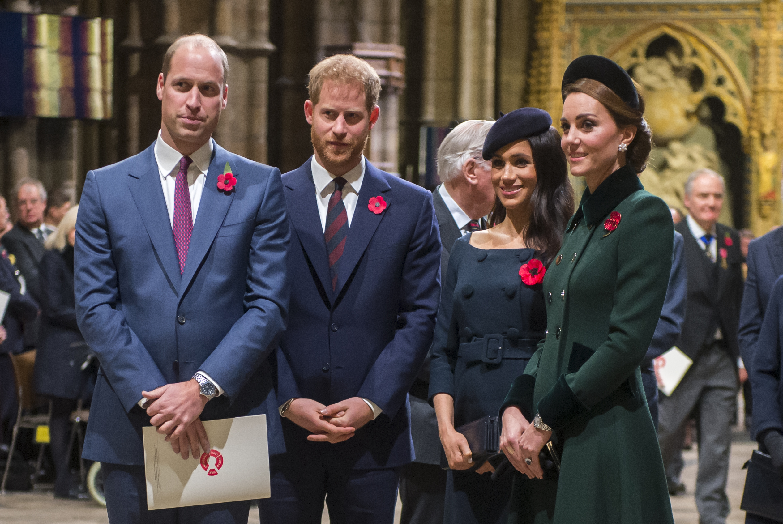 Prince William, Duke of Cambridge and Catherine, Duchess of Cambridge, Prince Harry, Duke of Sussex and Meghan, Duchess of Sussex attend a service marking the centenary of WW1 armistice at Westminster Abbey on November 11, 2018 in London, England. (Photo by Paul Grover- WPA Pool/Getty Images)