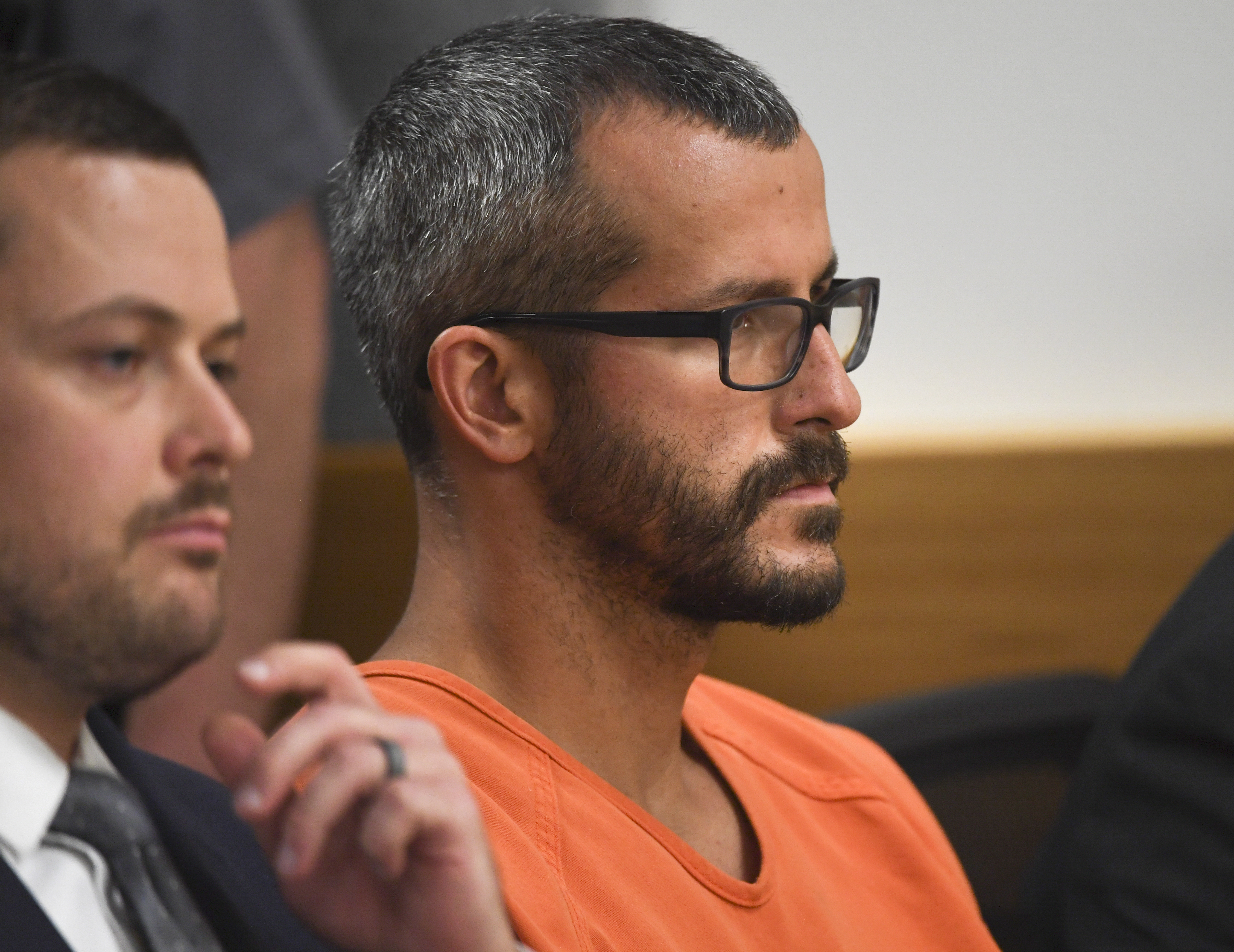 Christopher Watts is in court for his arraignment hearing at the Weld County Courthouse on August 21, 2018 in Greeley, Colorado. Watts faces nine charges, including several counts of first-degree murder of his wife and his two young daughters. (Photo by RJ Sangosti - Pool/Getty Images)