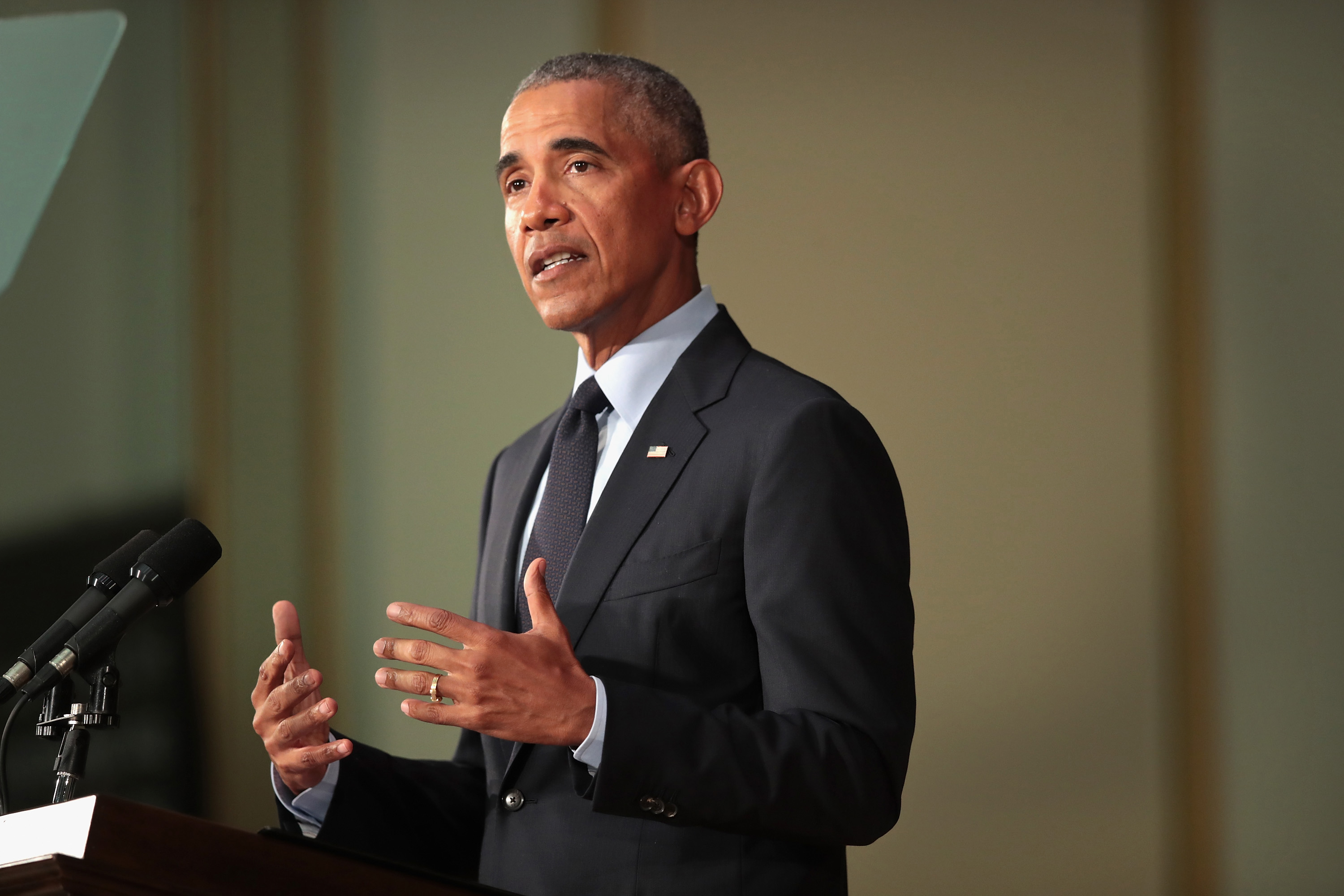 Former President Barack Obama speaks to students at the University of Illinois where he accepted the Paul H. Douglas Award for Ethics in Government on September 7, 2018 in Urbana, Illinois. The award is an annual honor given by the university's Institute of Government and Public Affairs to recognize public officials who have made significant contributions in public service.