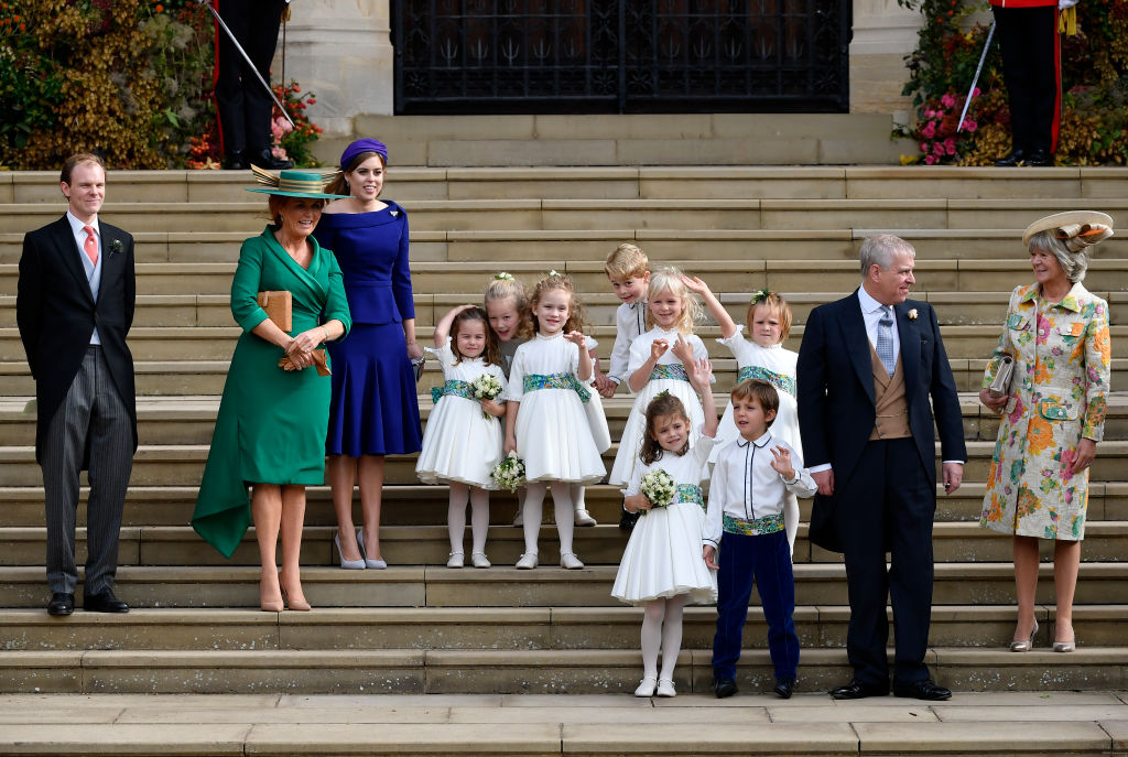 (L-R) Best man Thomas Brooksbank, Sarah Ferguson, Princess Beatrice of York, bridesmaids and page boy, Prince Andrew, Duke of York, Thomas Brooksbank, bridesmaids Princess Charlotte of Cambridge, Savannah Phillips, Maud Windsor, page boy Prince George of Cambridge, bridesmaids Isla Phillips, Theodora Williams, Mia Tindall and page boy Louis de Givenchy and Nicola Brooksbank leave after the royal wedding of Princess Eugenie of York to Jack Brooksbank at St. George's Chapel on October 12, 2018 in Windsor, England. (Photo by Toby Melville - WPA Pool/Getty Images)