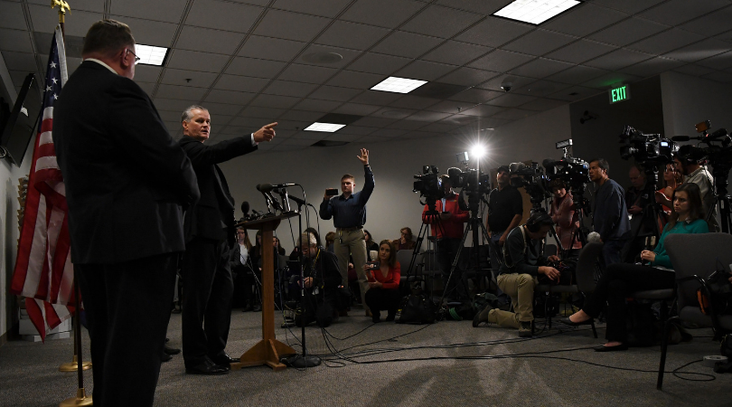 Michael J. Rourke, Weld County District Attorney, holds a press conference after the sentencing hearing for Christopher Watts at the Weld County Courthouse on November 19, 2018, in Greeley, Colorado (Source: RJ Sangosti/The Denver Post via Getty Images)