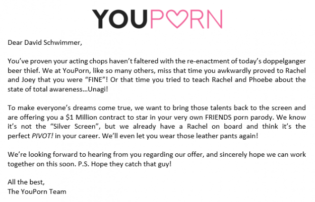 YouPorn's offer letter for David Schwimmer