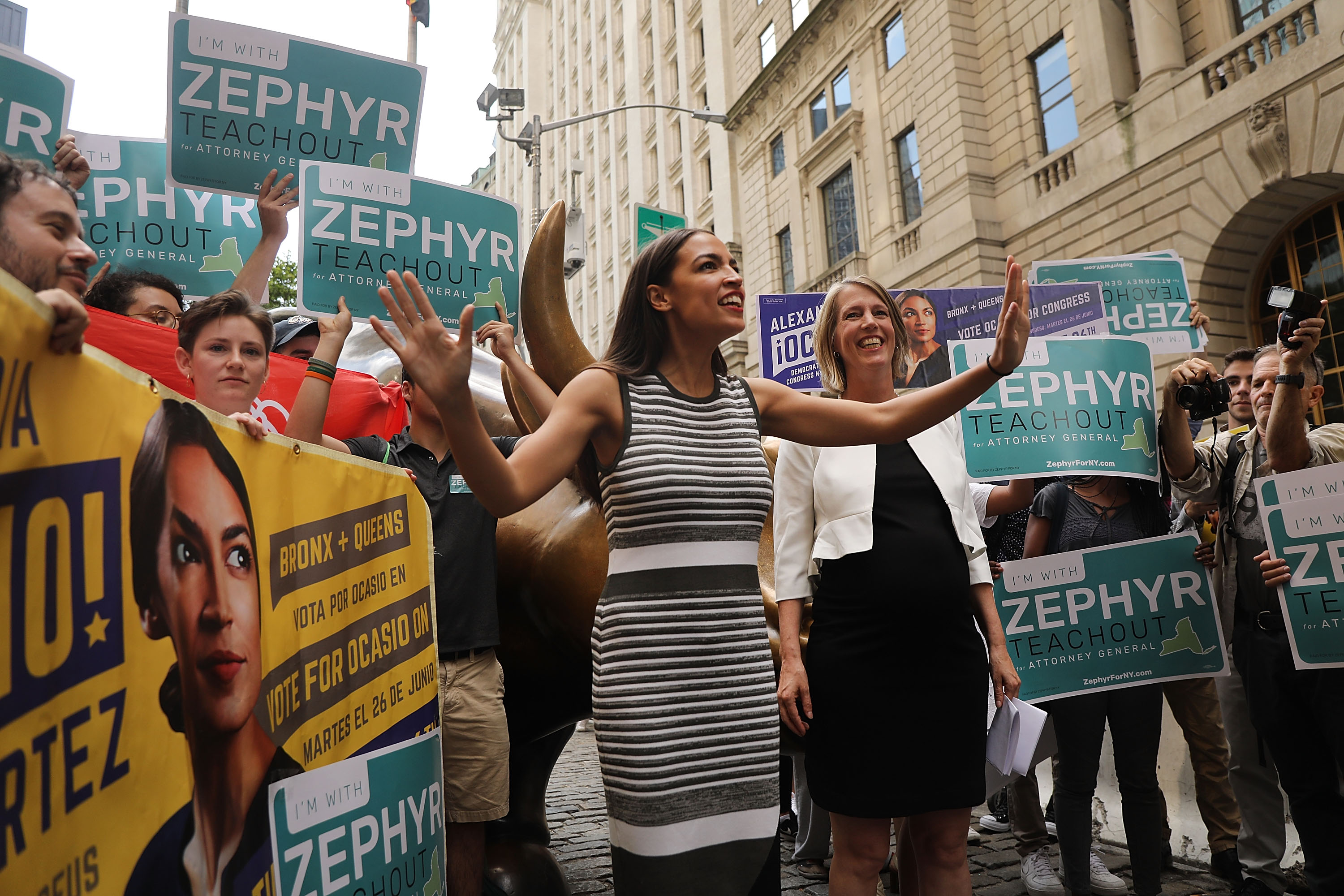 Congressional nominee Alexandria Ocasio-Cortez (L) stands with Zephyr Teachout after endorsing her for New York City Public Advocate on July 12, 2018 in New York City. (Getty Images)