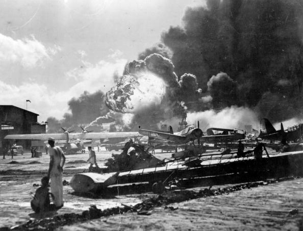 An explosion at the Naval Air Station, Ford Island, Pearl Harbour (Pearl Harbor) during the Japanese attack (Source: Getty Images)