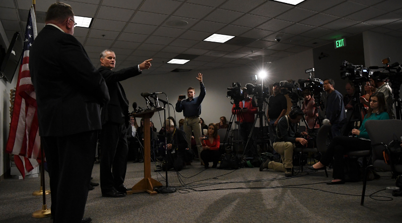 Michael J. Rourke, Weld County District Attorney, holds a press conference after the sentencing hearing for Christopher Watts at the Weld County Courthouse on November 19, 2018, in Greeley, Colorado (Source: RJ Sangosti/The Denver Post via Getty Images)
