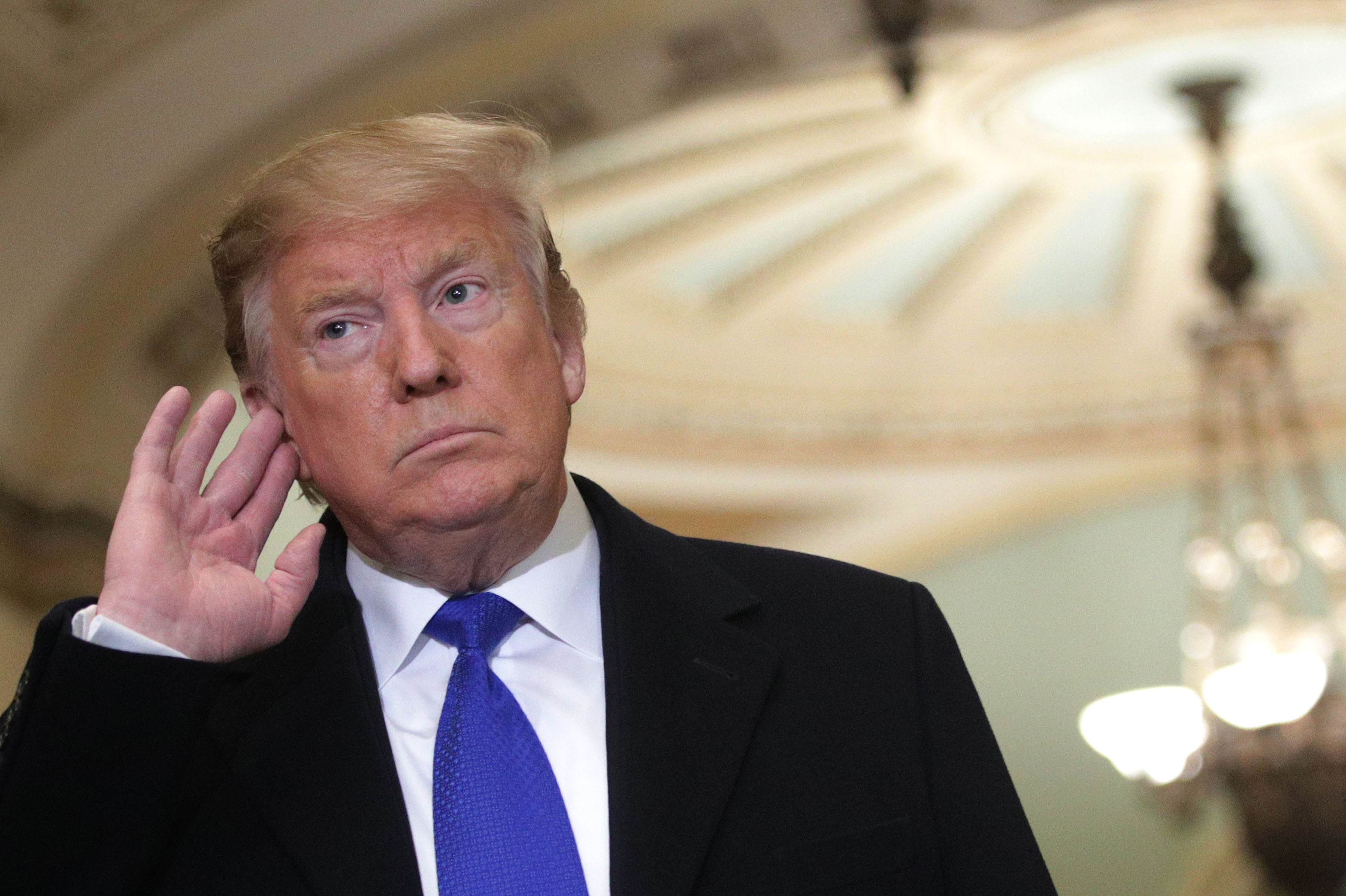 U.S. President Donald Trump speaks to members of the media after he arrived at a Senate Republican weekly policy luncheon at the U.S. Capitol March 26, 2019 in Washington, DC. Congressional top Democrats have demanded Attorney General William Barr to release special counsel Robert Mueller’s investigation report for the alleged Russian interference in the 2016 presidential election. (Getty Images)