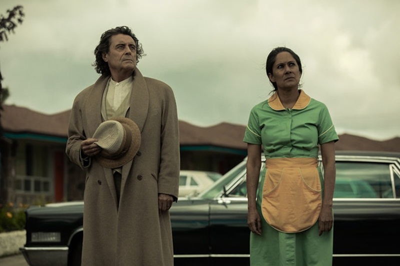 A still of Wednesday with Mamaji in the second episode of 'American Gods'. (Source: Starz)