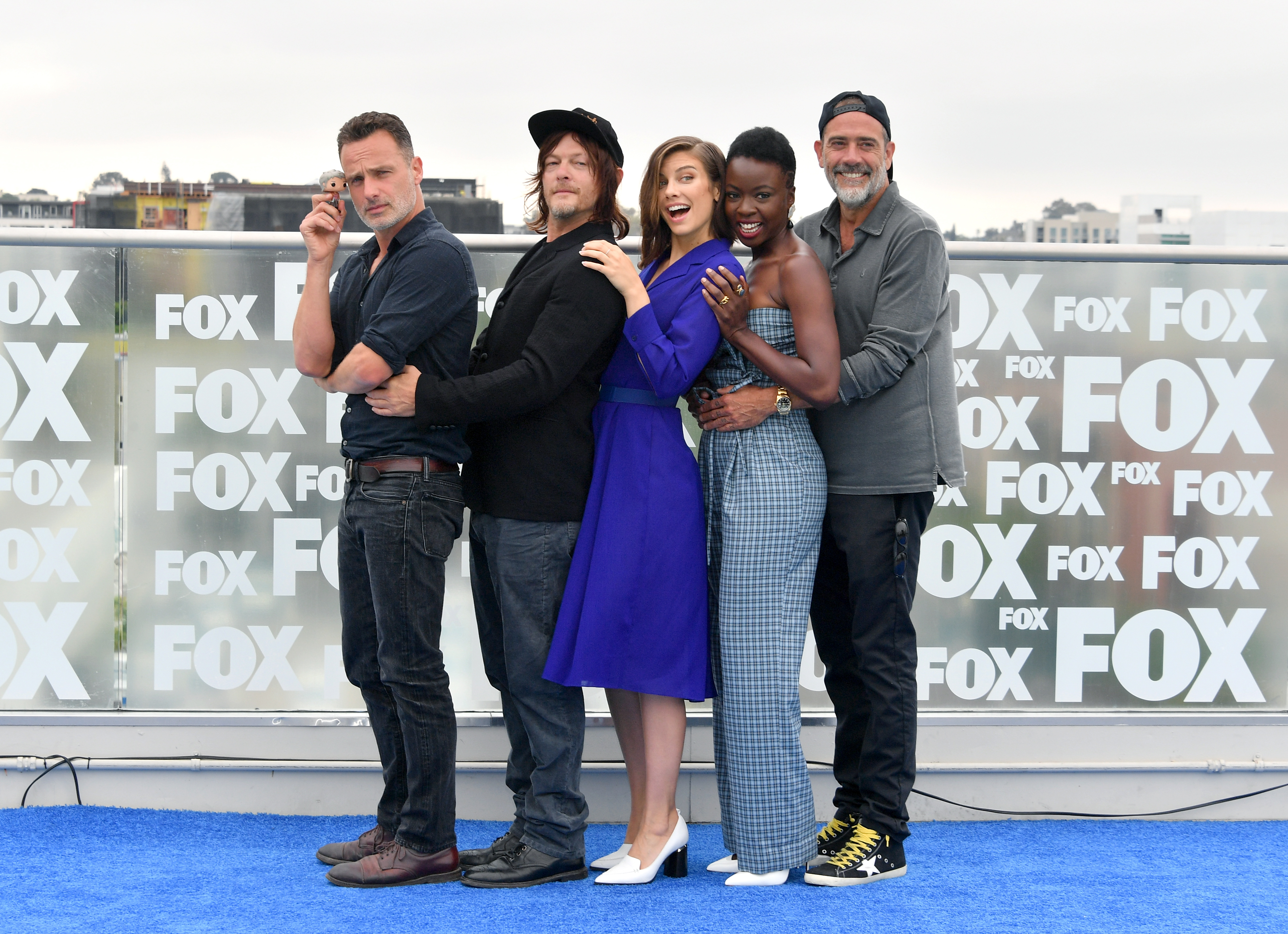 (L-R) Andrew Lincoln, Norman Reedus, Lauren Cohan, Danai Gurira, and Jeffrey Dean Morgan attend 'The Walking Dead' Photo Call during Comic-Con International 2018 at Andaz San Diego on July 20, 2018 in San Diego, California.