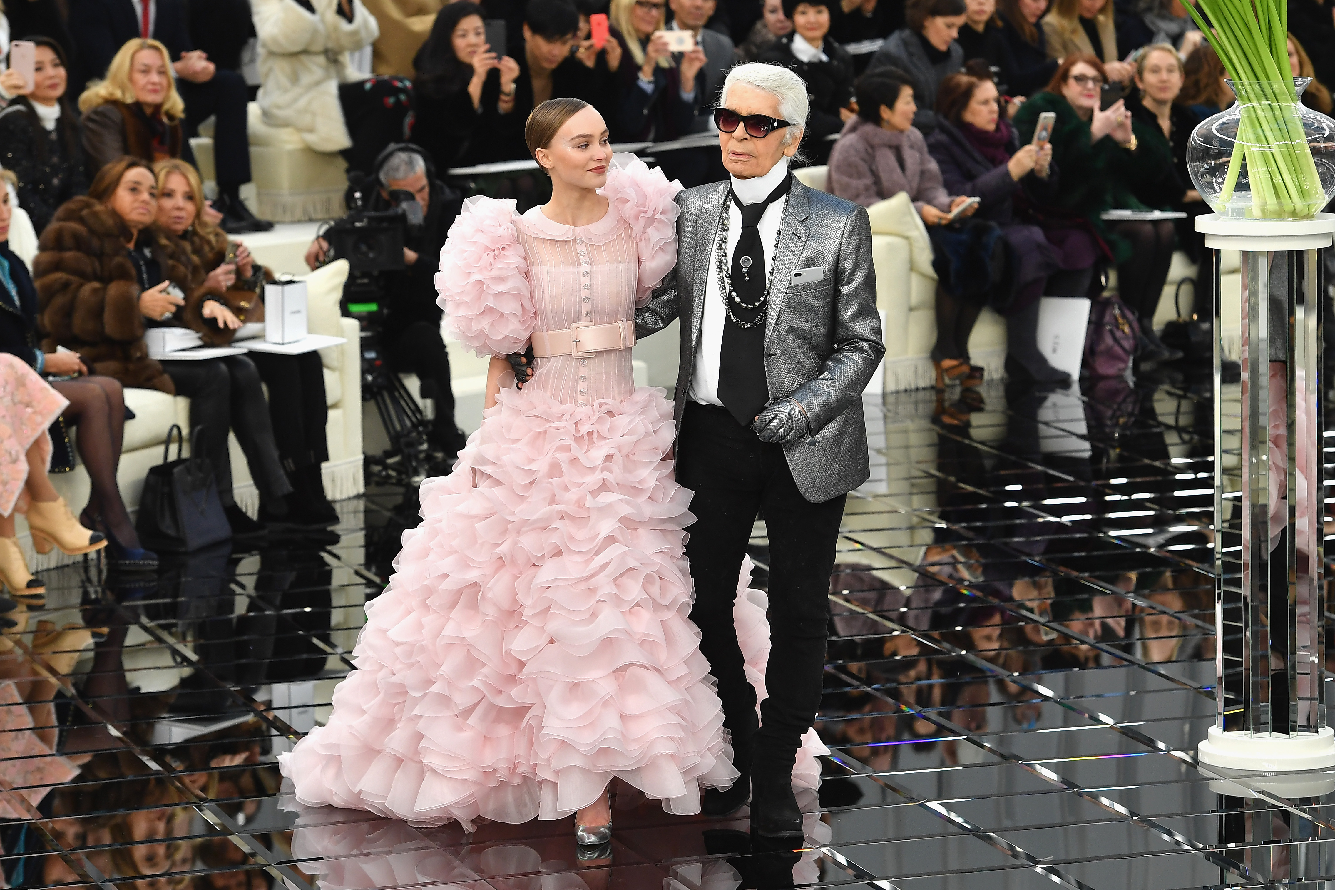 Lily-Rose Depp and Karl Lagerfeld walk the runway during the Chanel Spring Summer 2017 show as part of Paris Fashion Week on January 24, 2017 in Paris, France.