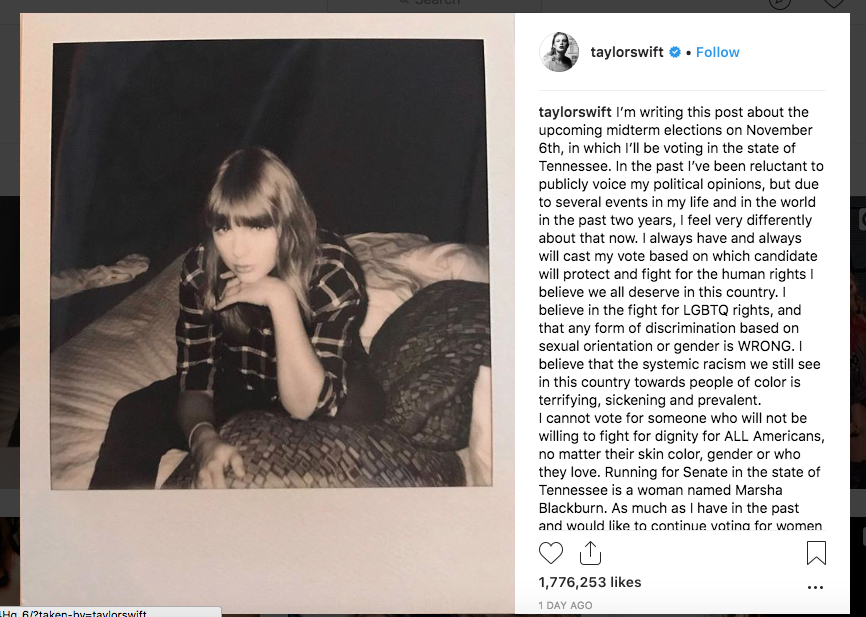 Screenshot of Taylor Swift's Instagram post about the midterm elections.