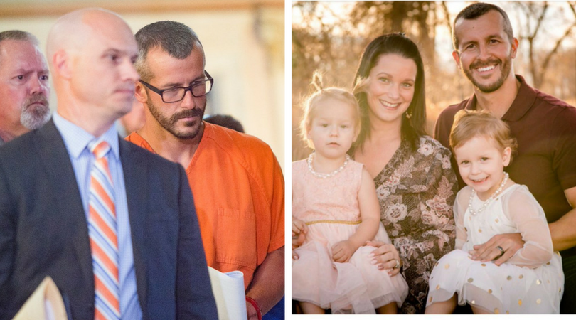 Chris Watts (left) during his arraignment hearing and (right) with his slain family. (Getty/Twitter)