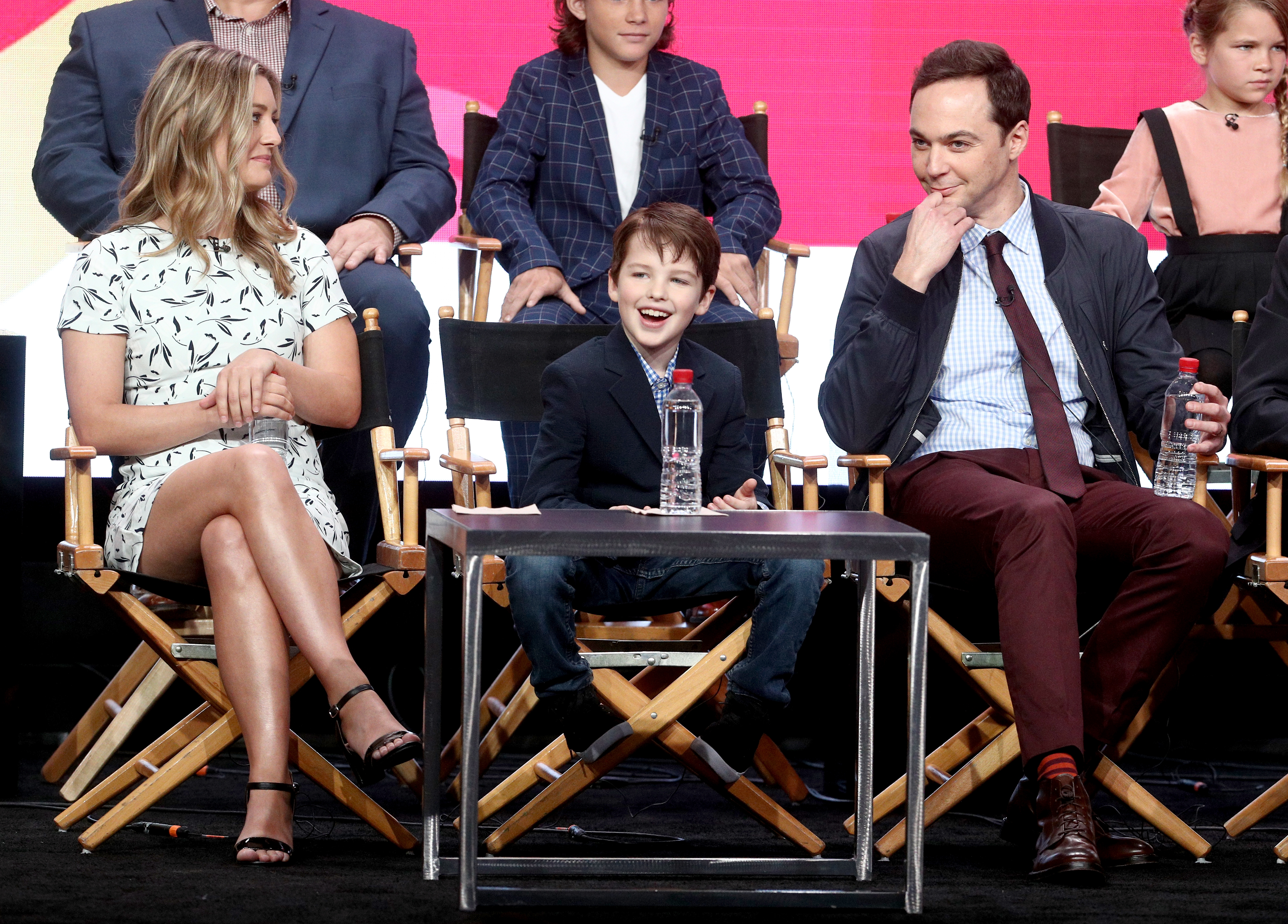 (L-R) Actors Zoe Perry, Iain Armitage, and executive producer/narrator Jim Parsons of 'Young Sheldon' speak onstage during the CBS portion of the 2017 Summer Television Critics Association Press Tour at The Beverly Hilton Hotel on August 1, 2017 in Los Angeles, California.