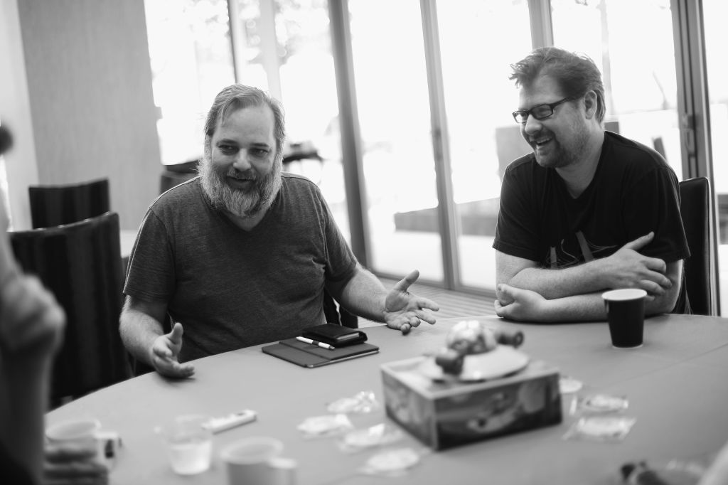 Co-creators Dan Harmon (L) and Justin Roiland at the 'Rick and Morty' L.A. Press Junket on July 17, 2017, in Los Angeles, California (Source: Charley Gallay/Getty Images for TBS)