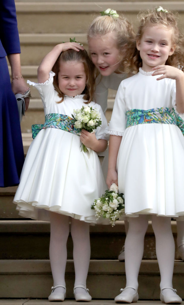 Bridesmaids Princess Charlotte of Cambridge, Savannah Phillips and Maud Windsor after the wedding of Princess Eugenie of York and Jack Brooksbank at St. George's Chapel on October 12, 2018, in Windsor, England. (Getty Images)