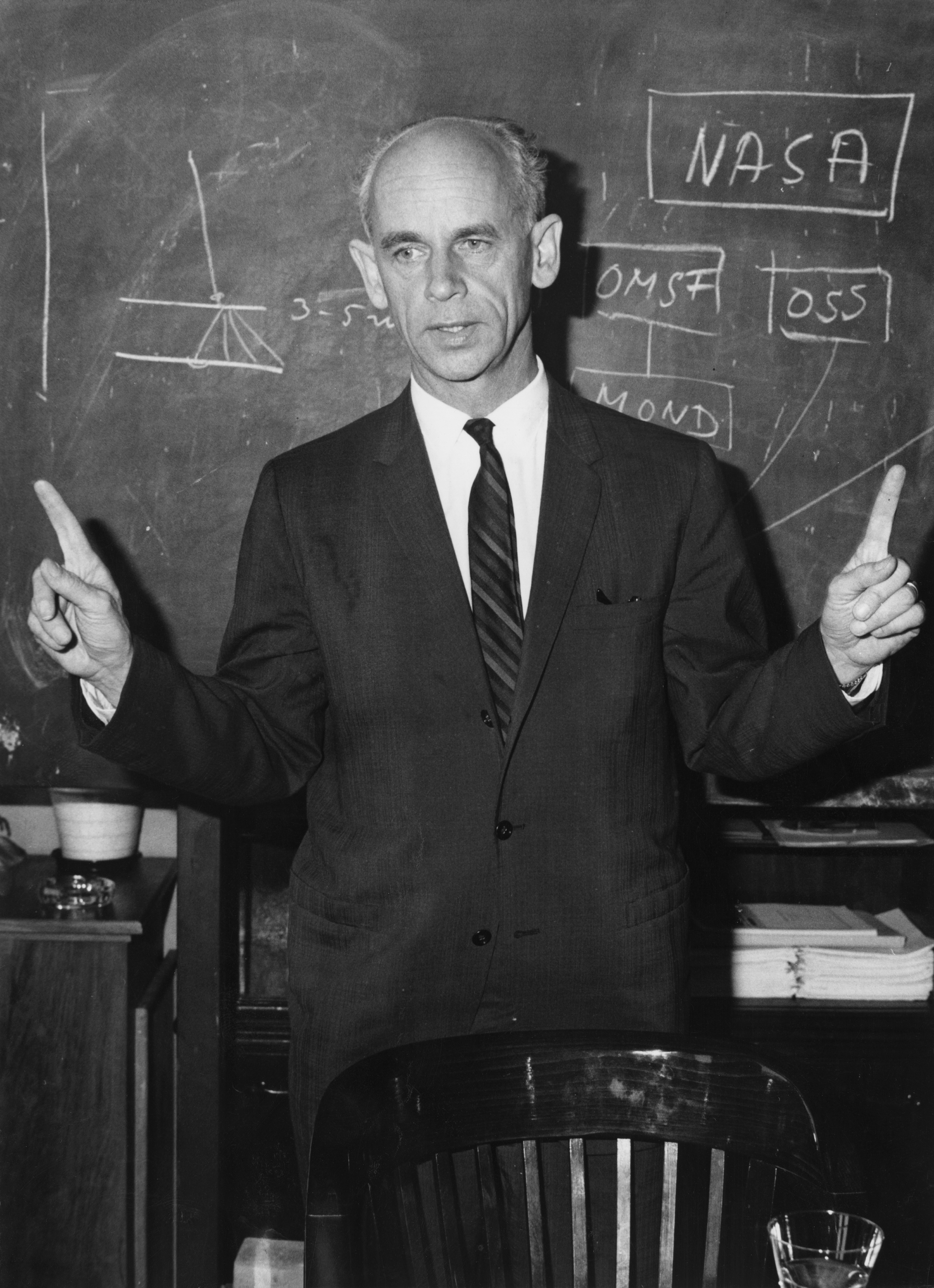 German-born American atomic and rocket scientist, Ernst Stuhlinger (1913 - 2008) at a symposium on electrical power units for space vehicles, at the America House in Munich, West Germany, 4th April 1962. He is attending at the invitation of the Heinkel aircraft company. Stuhlinger was one of over 1600 German scientists and engineers to be recruited by the United States at the end of World War II, as part of Operation Paperclip. (Photo by Keystone/Hulton Archive/Getty Images)