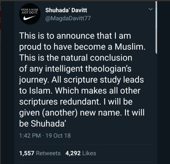 Screenshot of O'Conner's tweet about her announcement