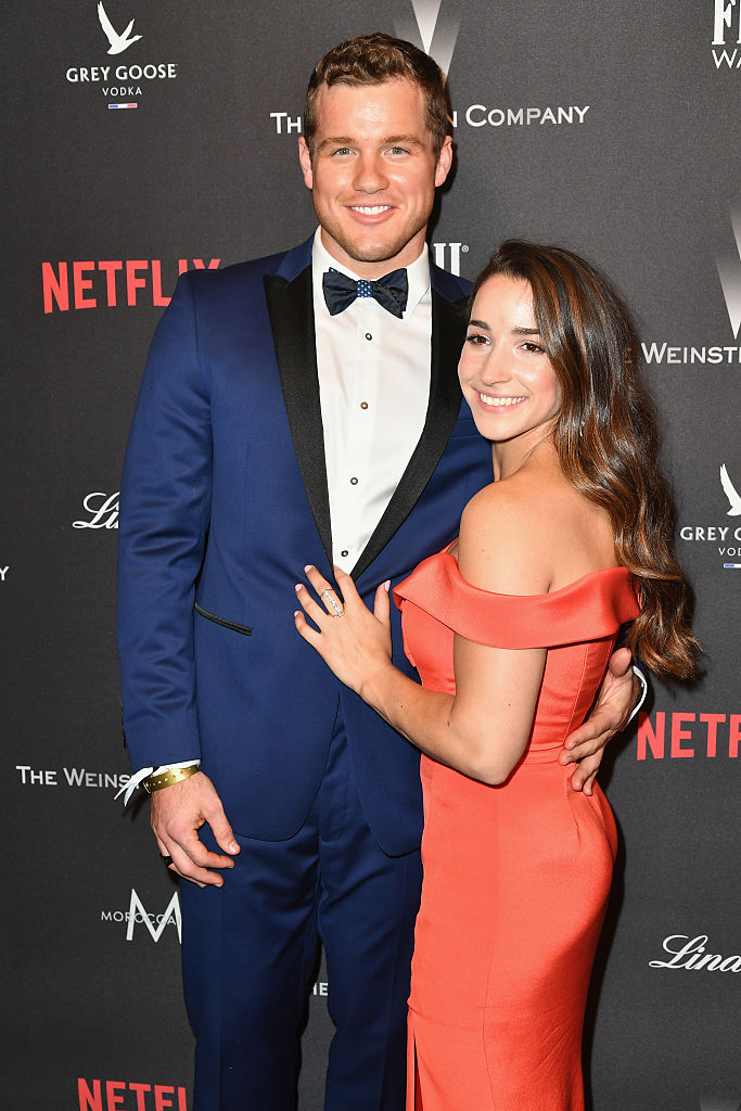 NFL player Colton Underwood and Olympic gymnast Aly Raisman attend The Weinstein Company and Netflix Golden Globe Party, presented with FIJI Water, Grey Goose Vodka, Lindt Chocolate, and Moroccanoil at The Beverly Hilton Hotel on January 8, 2017 in Beverly Hills, California. (Photo by Earl Gibson III/Getty Images)