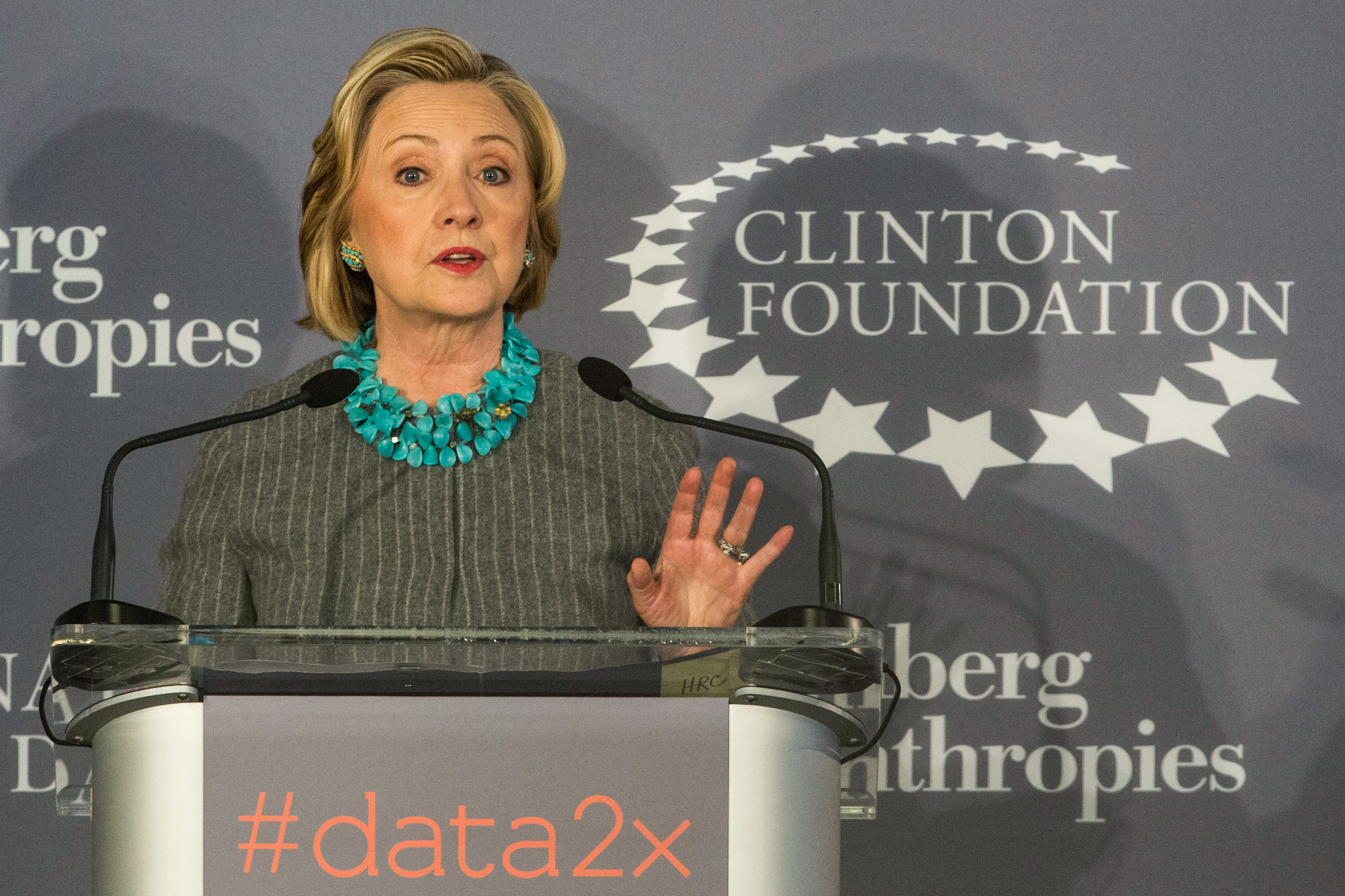 Former U.S. Secretary of State and first lady Hillary Clinton speaks at a press conference announcing a new initiative between the Clinton Foundation, United Nations Foundation and Bloomberg Philanthropies, titled Data 2x on December 15, 2014 in New York City. Data 2x aims to use data-driven analysis to close gender gaps throughout the world.