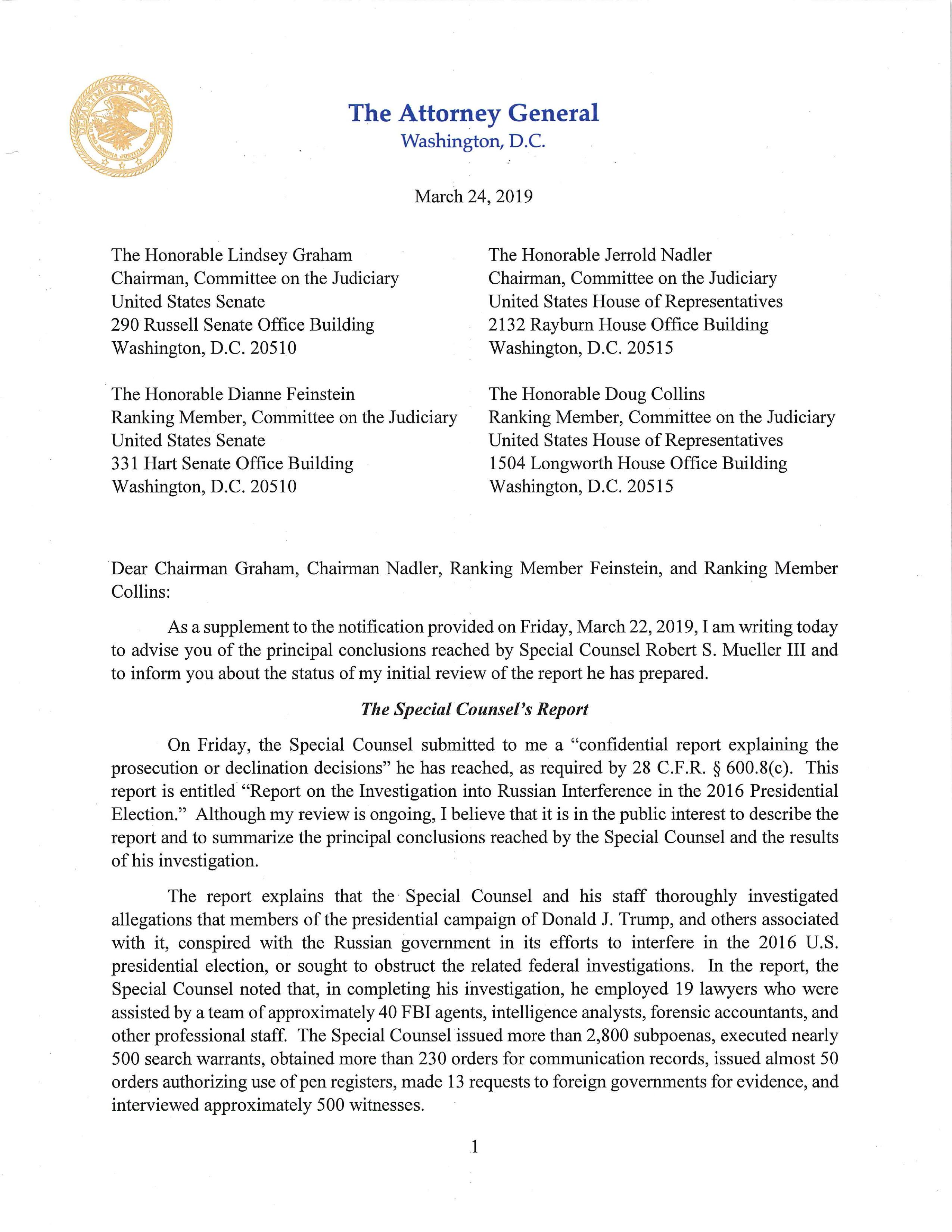 In this handout provided by the U.S. Department of Justice, page one of a letter from U.S. Attorney General William Barr notifying Congressional leaders of the release of special counsel Robert Mueller's report on Russian interference in the 2016 presidential election is shown March 24, 2019 in Washington, DC. (Getty Images)