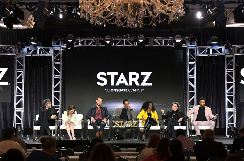 Neil Gaiman, Emily Browning, Pablo Schreiber, Orlando Jones, Yetide Badaki, Ian McShane and Ricky Whittle of 'American Gods' at Starz 2019 Winter TCA Panel & All-Star After Party. (Source: Getty Images)