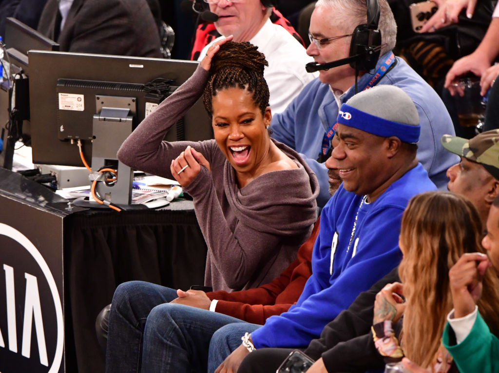 Regina King and Tracy Morgan attend Philadelphia 76ers v New York Knicks game at Madison Square Garden on February 13, 2019 in New York City. (Photo by James Devaney/Getty Images)