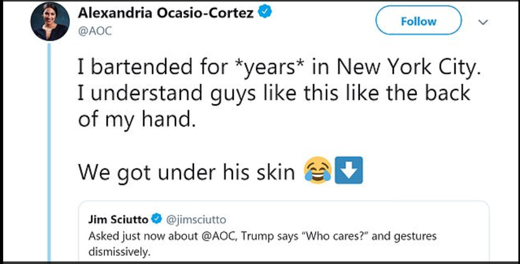Screenshot of Alexandria Ocasio-Cortez's tweet about Trump. (Twitter/@AOC)