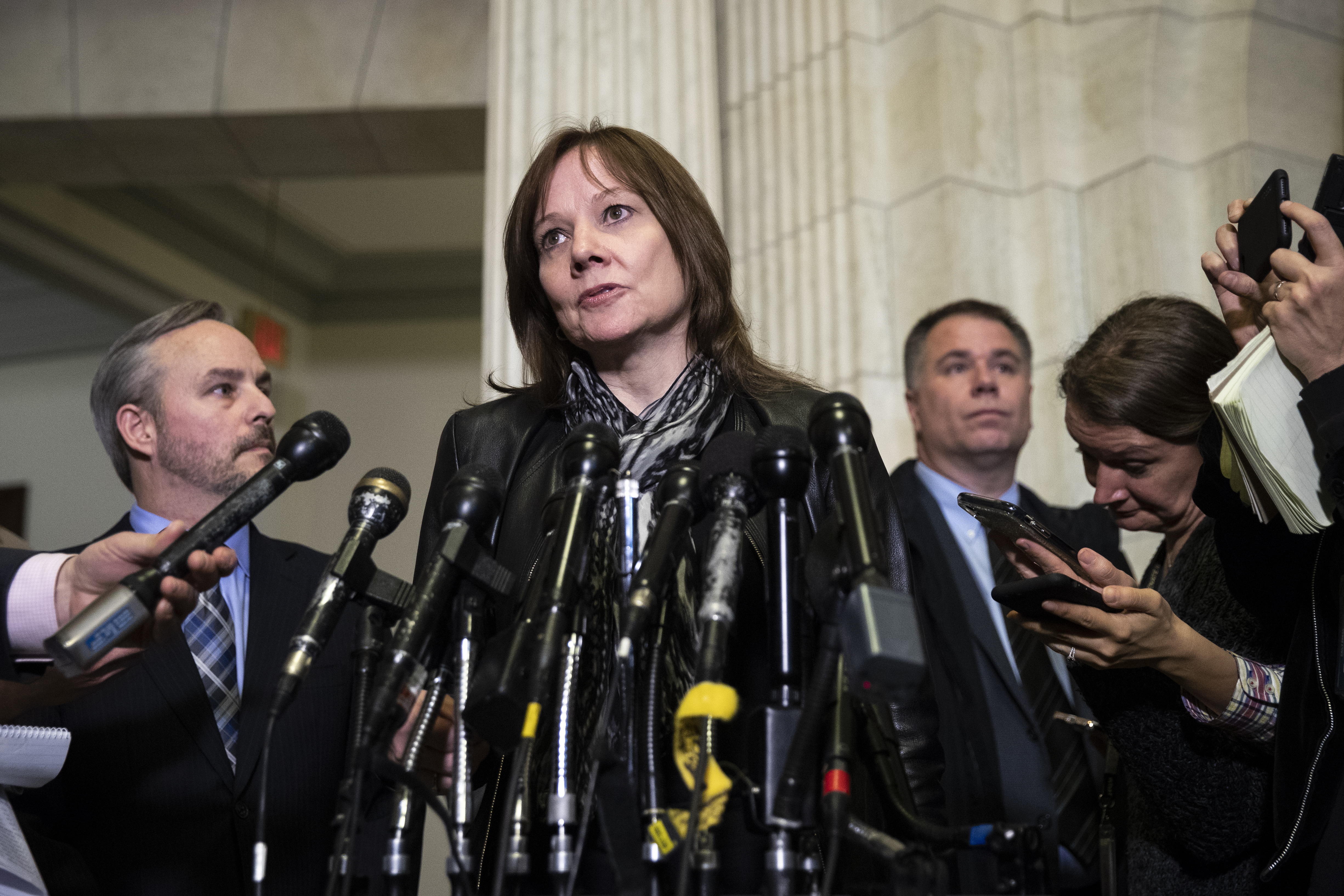 Mary Barra, chief executive officer of General Motors (GM), speaks to reporters after a meeting with Sen. Rob Portman (R-OH) and Sen. Sherrod Brown (D-OH) on Capitol Hill, December 5, 2018 in Washington, DC. GM is under fire for plans to cut around 8,000 salaried workers and 3,300 hourly workers in the United States. The plants currently slated to close are in Lordstown, Ohio, Detroit and Warren, Michigan and Baltimore. (Getty Images)