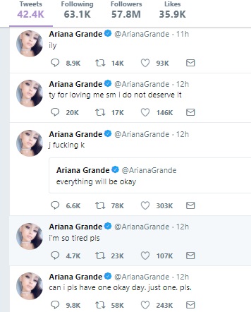 A string of emotional tweets posted by Ariana
