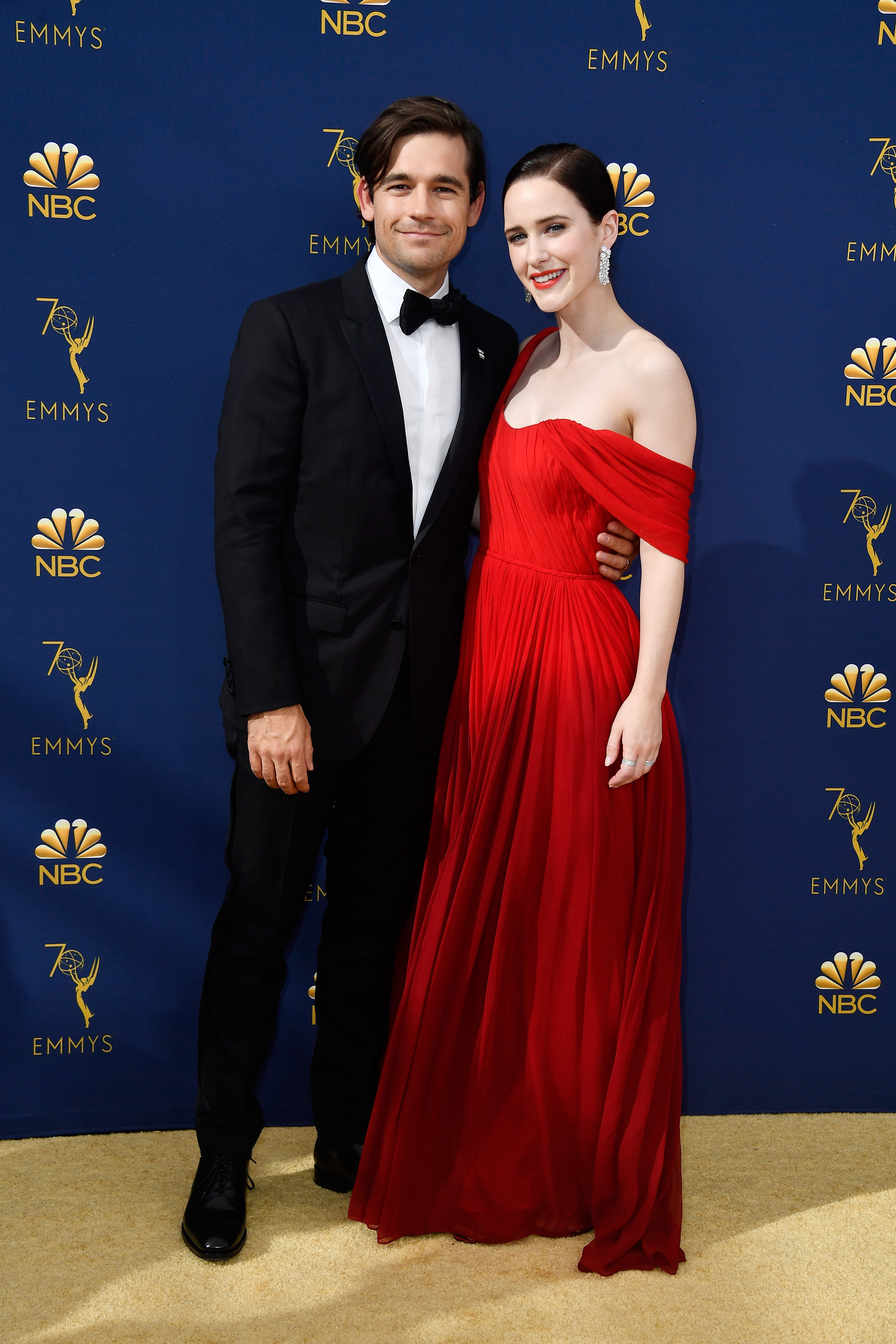 Jason Ralph (L) and Rachel Brosnahan attend the 70th Emmy Awards at Microsoft Theater on September 17, 2018 in Los Angeles, California.