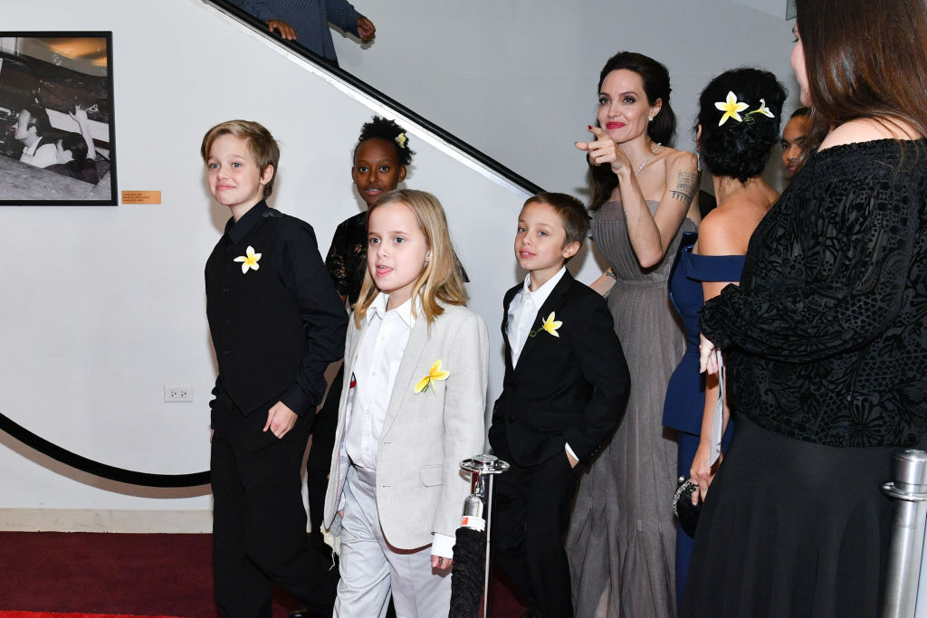 Shiloh Jolie-Pitt, Zahara Jolie-Pitt, Vivienne Jolie-Pitt, Knox Leon Jolie-Pitt, and Angelina Jolie attend the 'First They Killed My Father' New York premiere at DGA Theater on September 14, 2017 in New York City. (Photo by Dia Dipasupil/Getty Images)